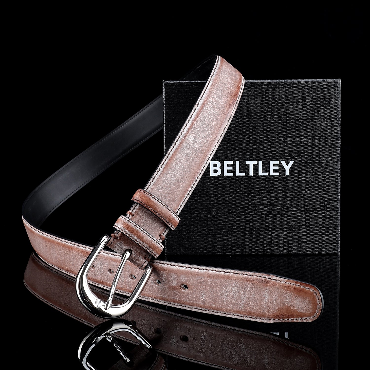 BELTLEY Brown Waxed Bridle Leather Belt-Unisex-1.35Inches