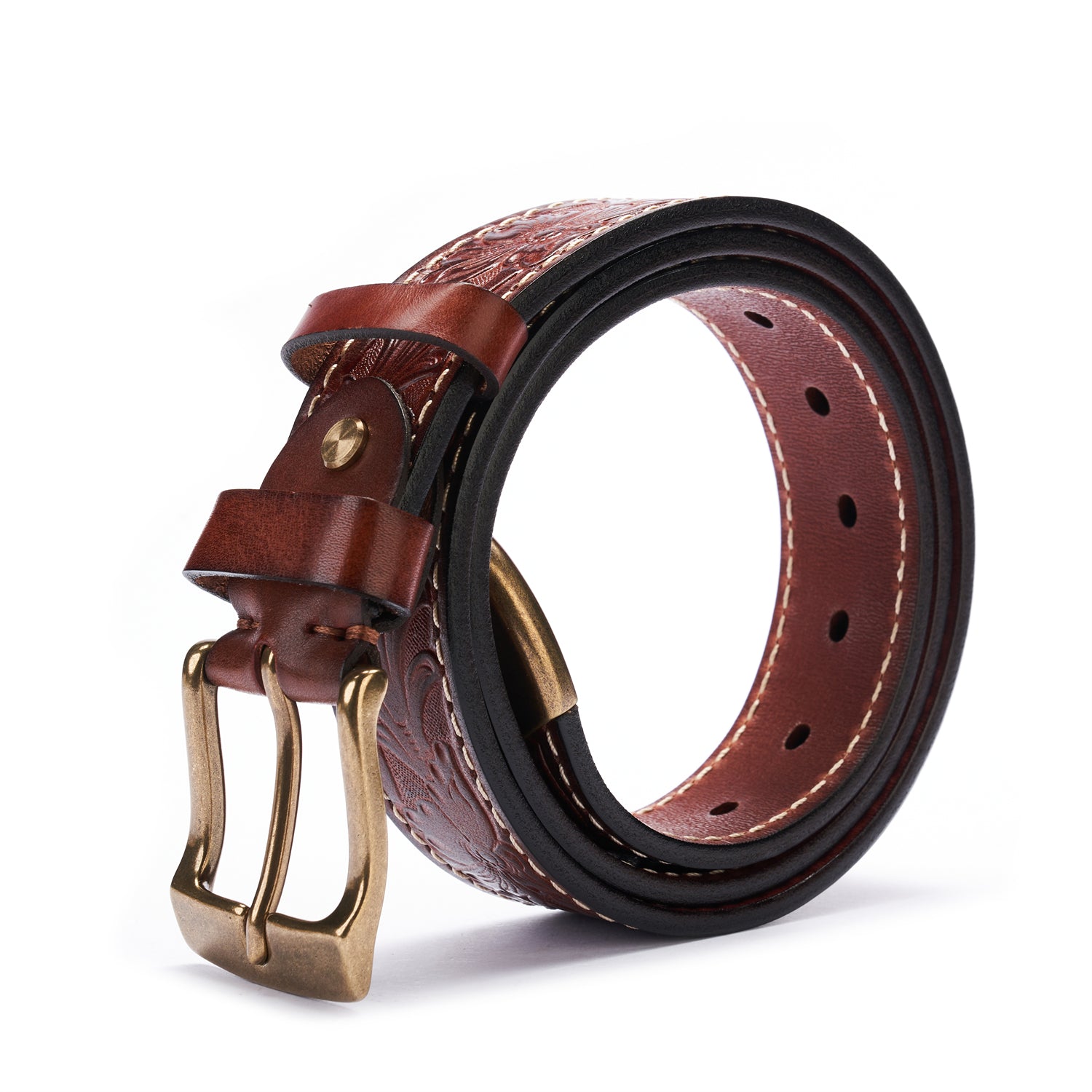 BELTLEY Burgundy Floral Embossed Full-Grain Leather Belt - Thick & Durable