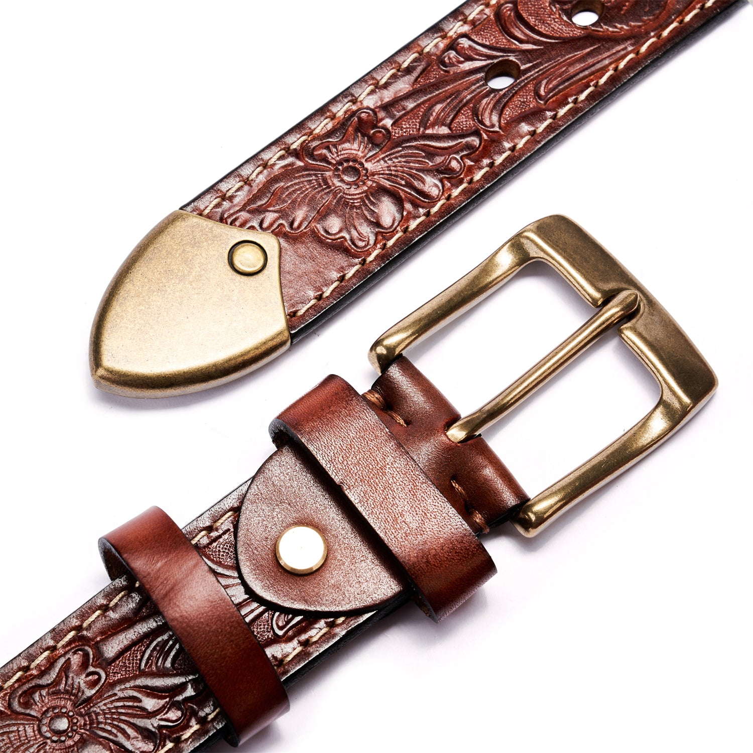 BELTLEY Burgundy Floral Embossed Full-Grain Leather Belt - Thick & Durable