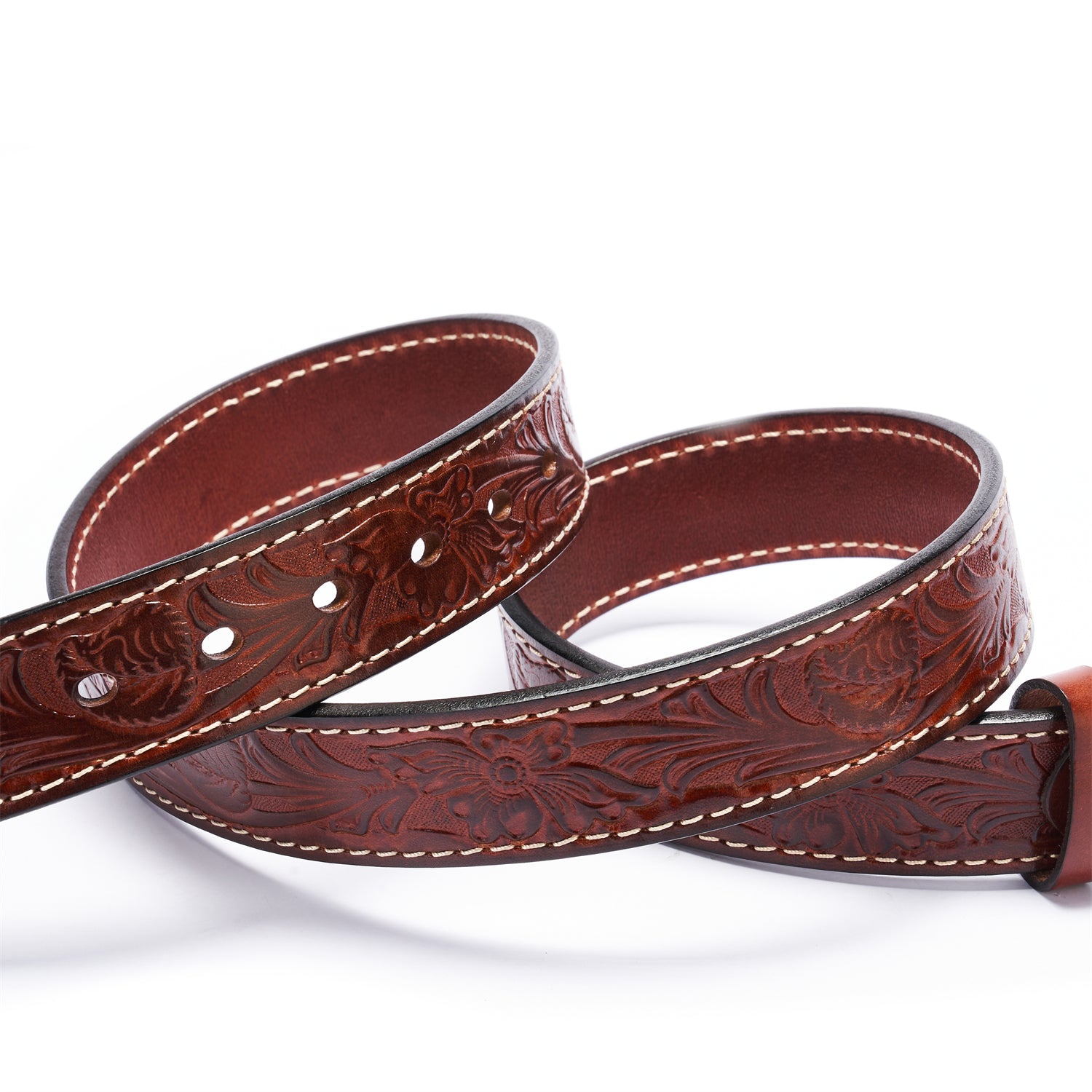 BELTLEY Burgundy Floral Embossed Full-Grain Leather Belt - Thick & Durable