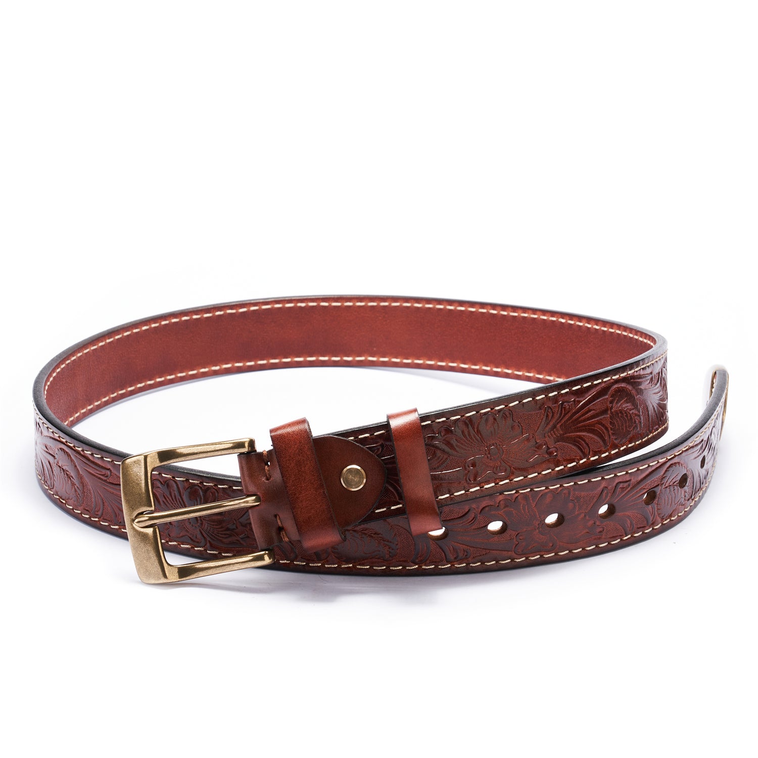 BELTLEY Burgundy Floral Embossed Full-Grain Leather Belt - Thick & Durable