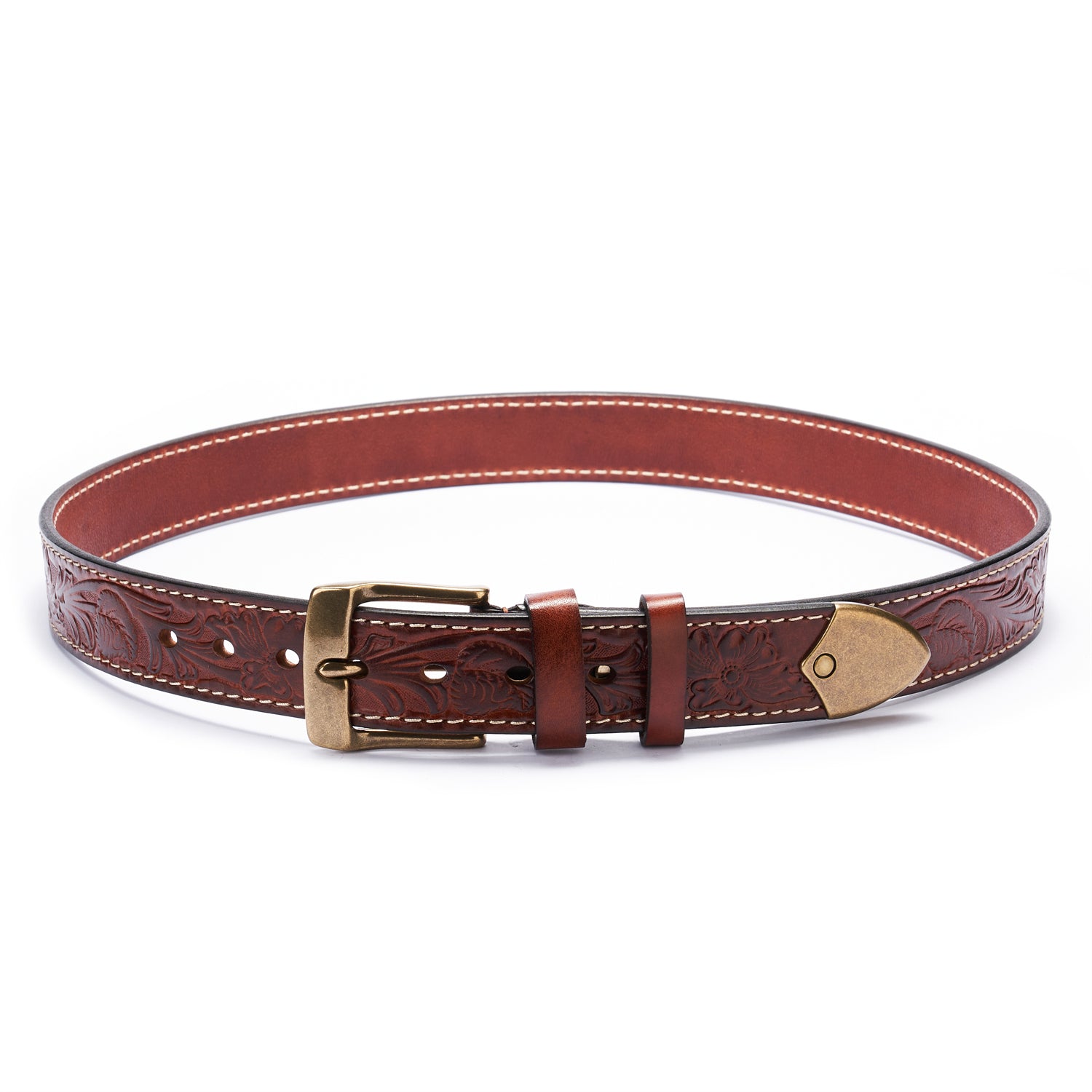 BELTLEY Burgundy Floral Embossed Full-Grain Leather Belt - Thick & Durable