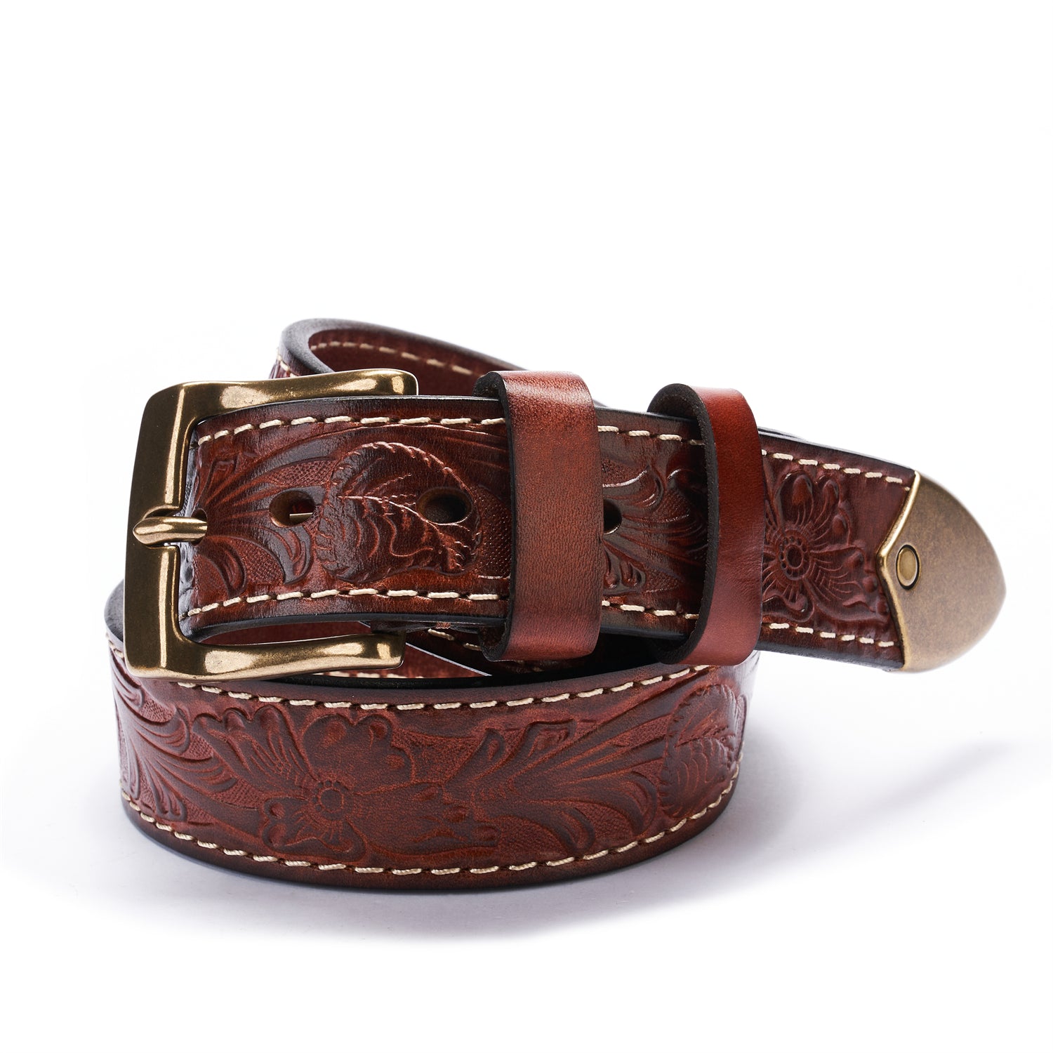 BELTLEY Burgundy Floral Embossed Full-Grain Leather Belt - Thick & Durable