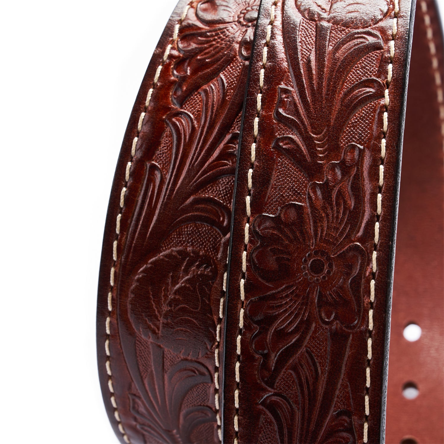 BELTLEY Burgundy Floral Embossed Full-Grain Leather Belt - Thick & Durable