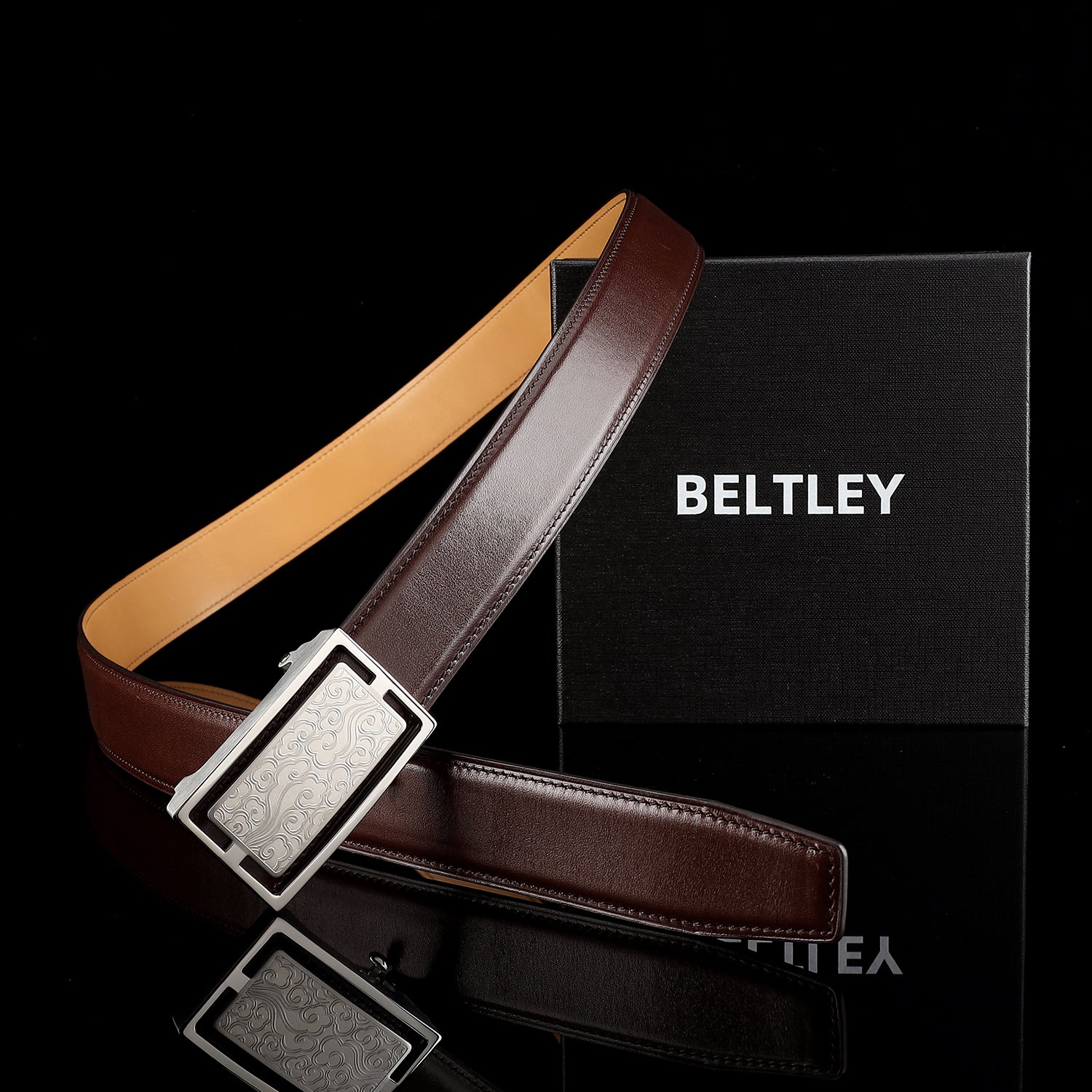 Calfskin Leather Belt with Cloud-Inspired Buckle — lifestyle shot | BELTLEY