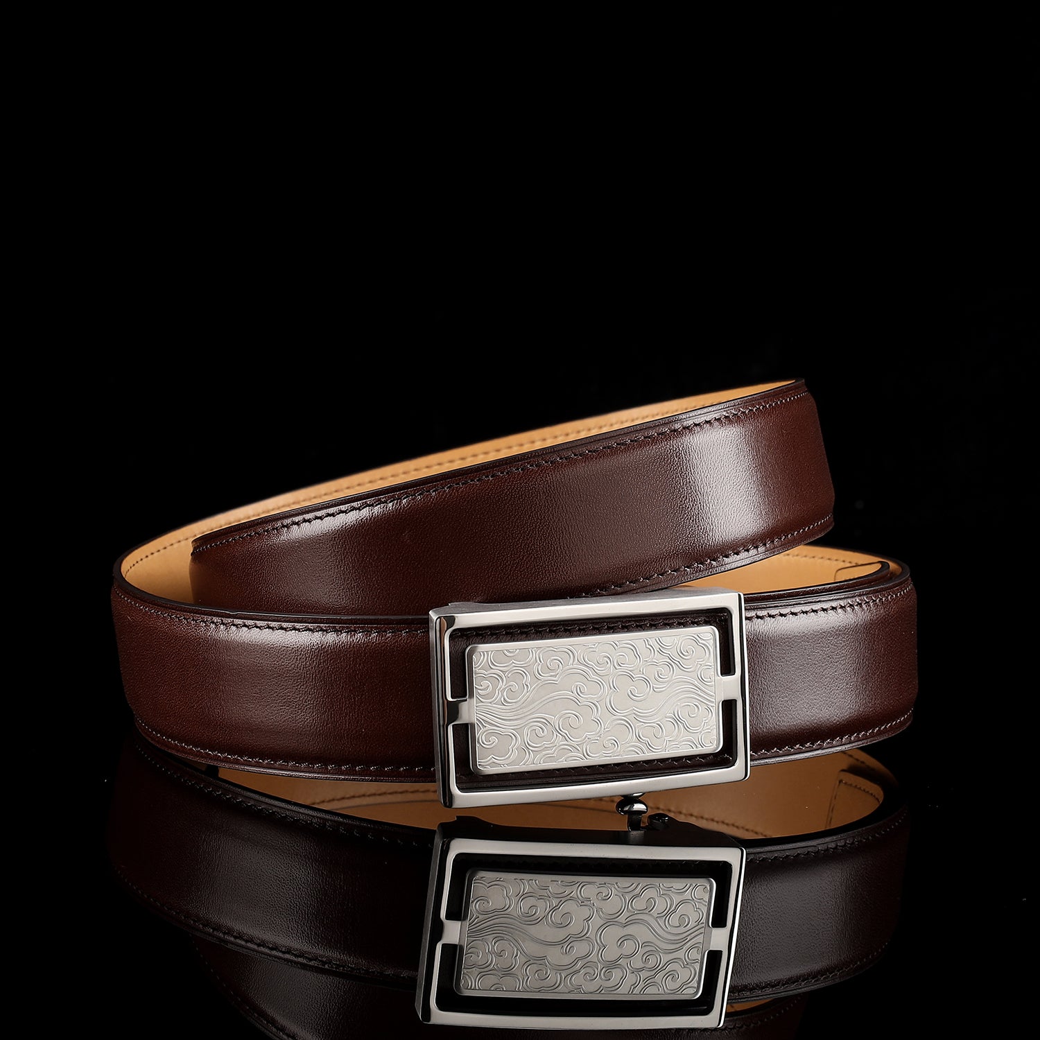 Calfskin Leather Belt with Cloud-Inspired Buckle — buckle close-up | BELTLEY