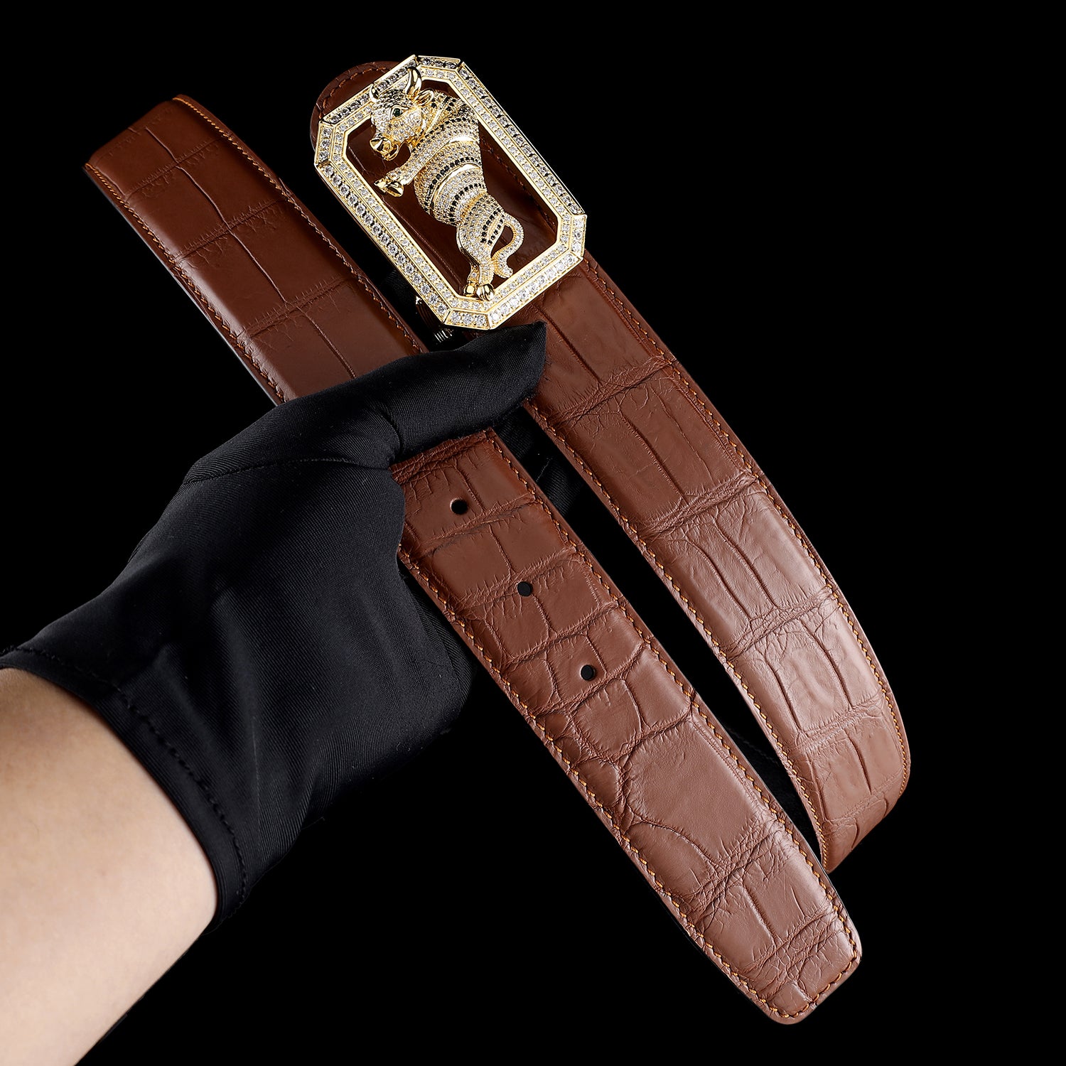 BELTLEY Chestnut Brown Crocodile Skin Leather Belt