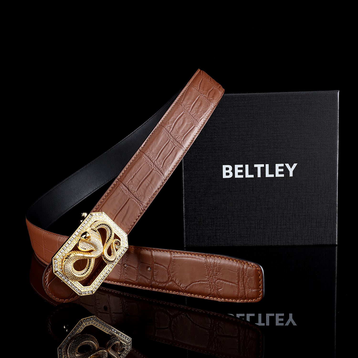 BELTLEY Chestnut Brown Crocodile Skin Men’s Belt With Snake Buckle