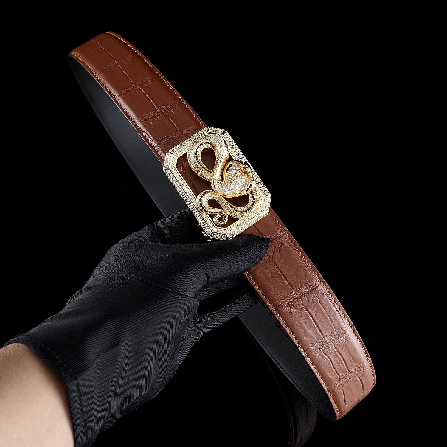 BELTLEY Chestnut Brown Crocodile Skin Men’s Belt With Snake Buckle