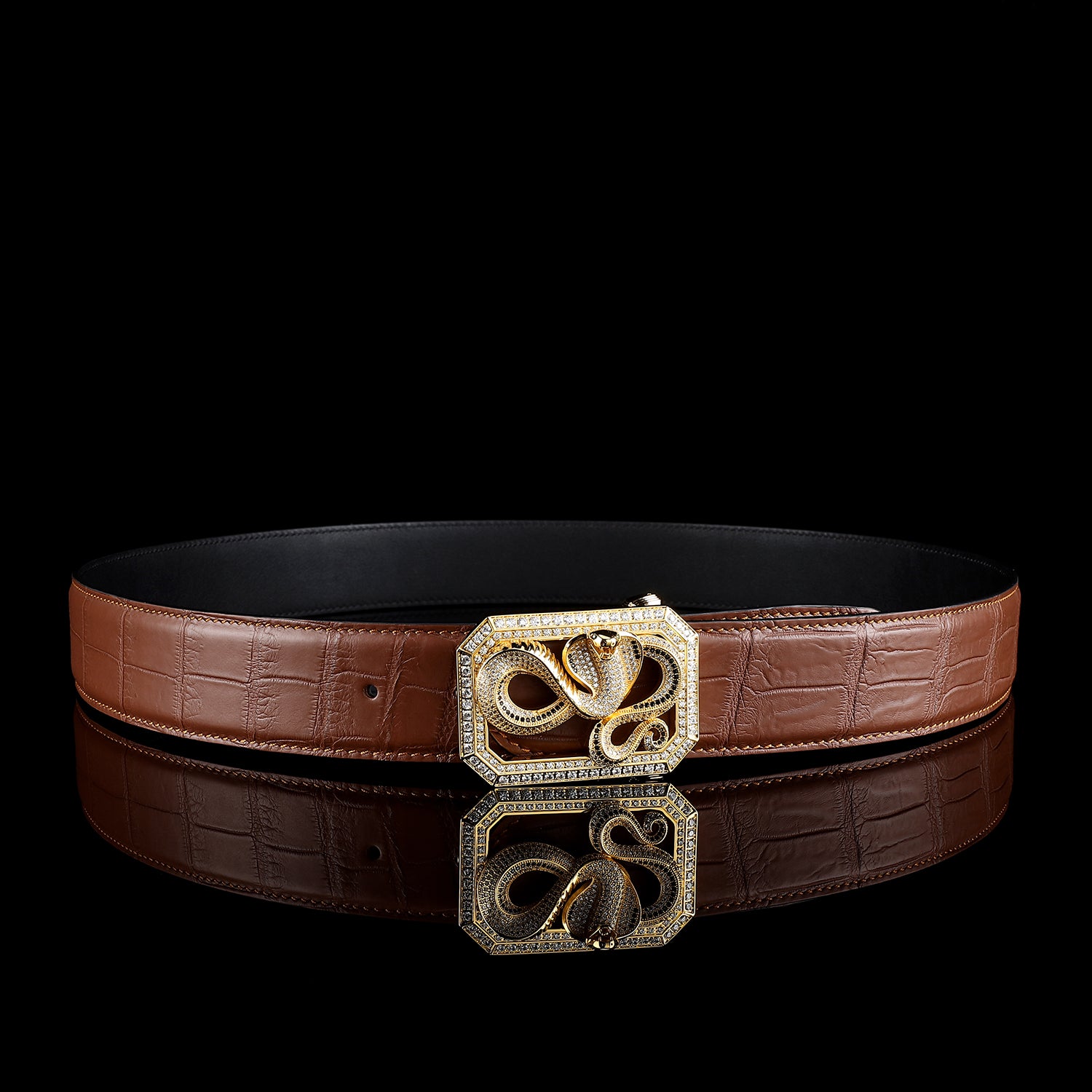 BELTLEY Chestnut Brown Crocodile Skin Men’s Belt With Snake Buckle