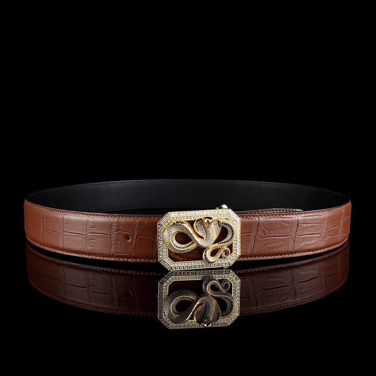 Nanni Italy Brown Crocodile Embossed‎ Leather Belt Gold Engraved Buckle Size 34 Marc Nolan Leather Belt - Brown Crocskin main image 2