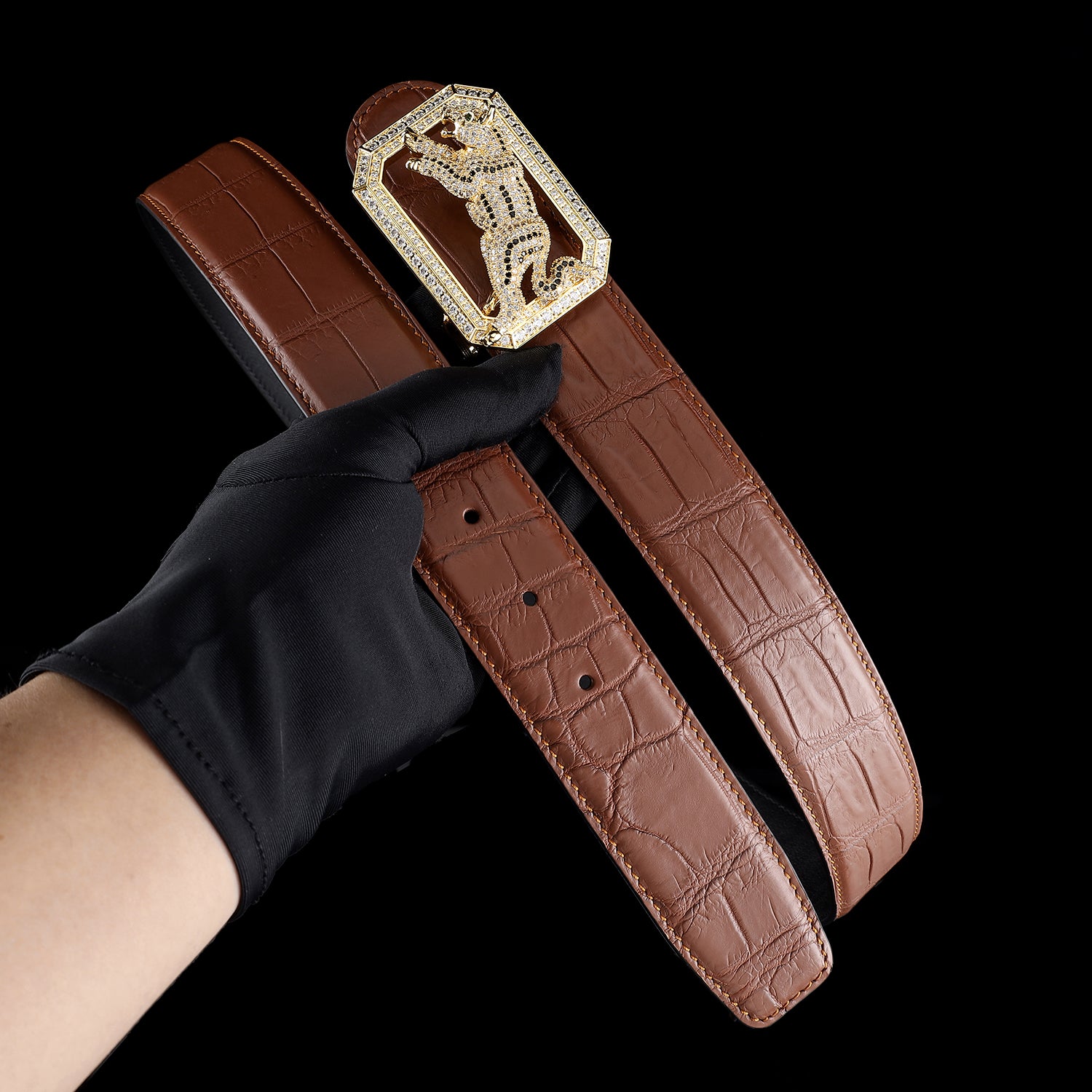 BELTLEY Chestnut Brown Exotic Crocodile Belt Mens