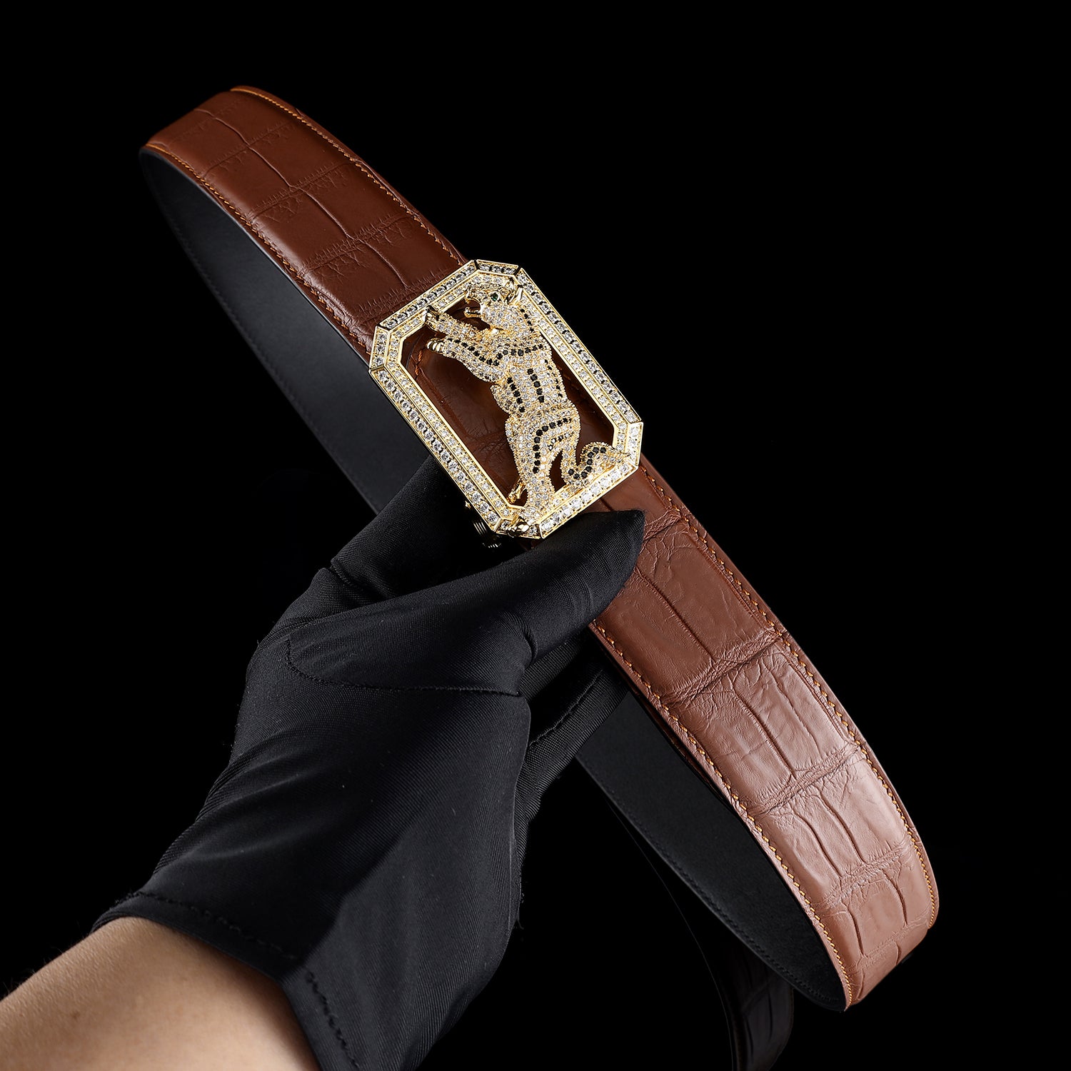 BELTLEY Chestnut Brown Exotic Crocodile Belt Mens