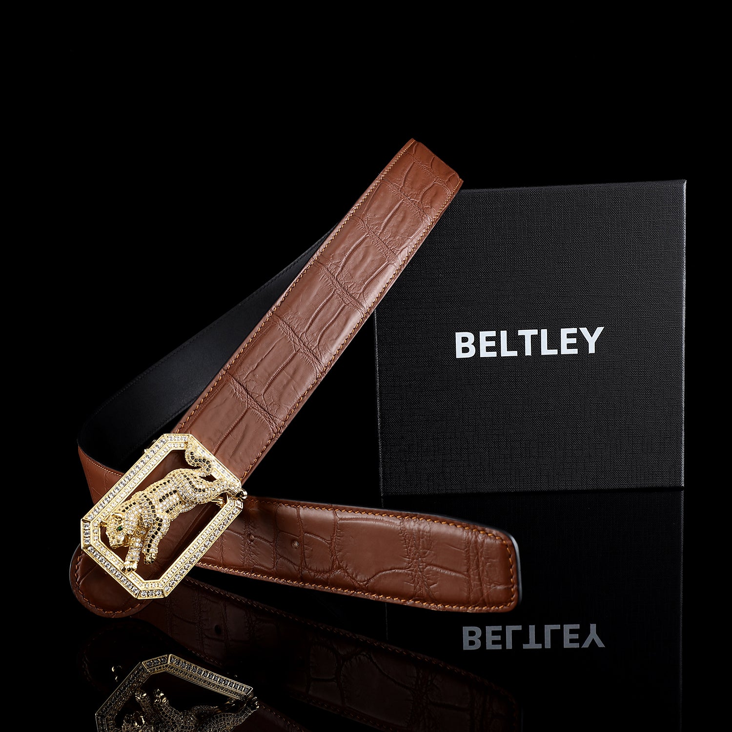 BELTLEY Chestnut Brown Exotic Crocodile Belt Mens