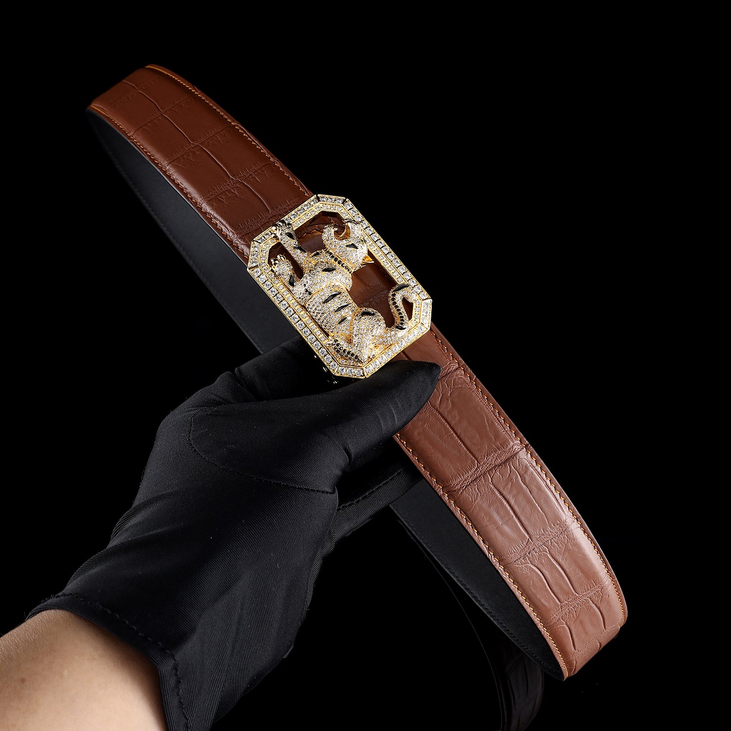 BELTLEY Chestnut Brown Mens Crocodile Belt with Tiger Buckle