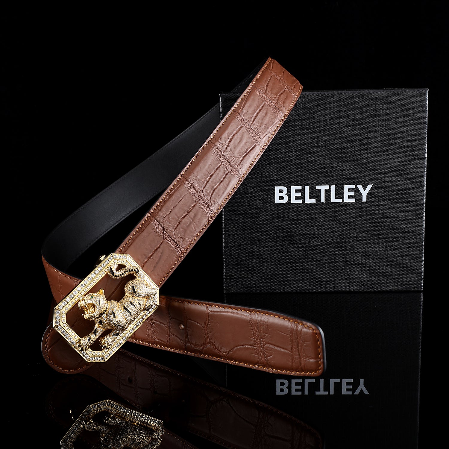 BELTLEY Chestnut Brown Mens Crocodile Belt with Tiger Buckle