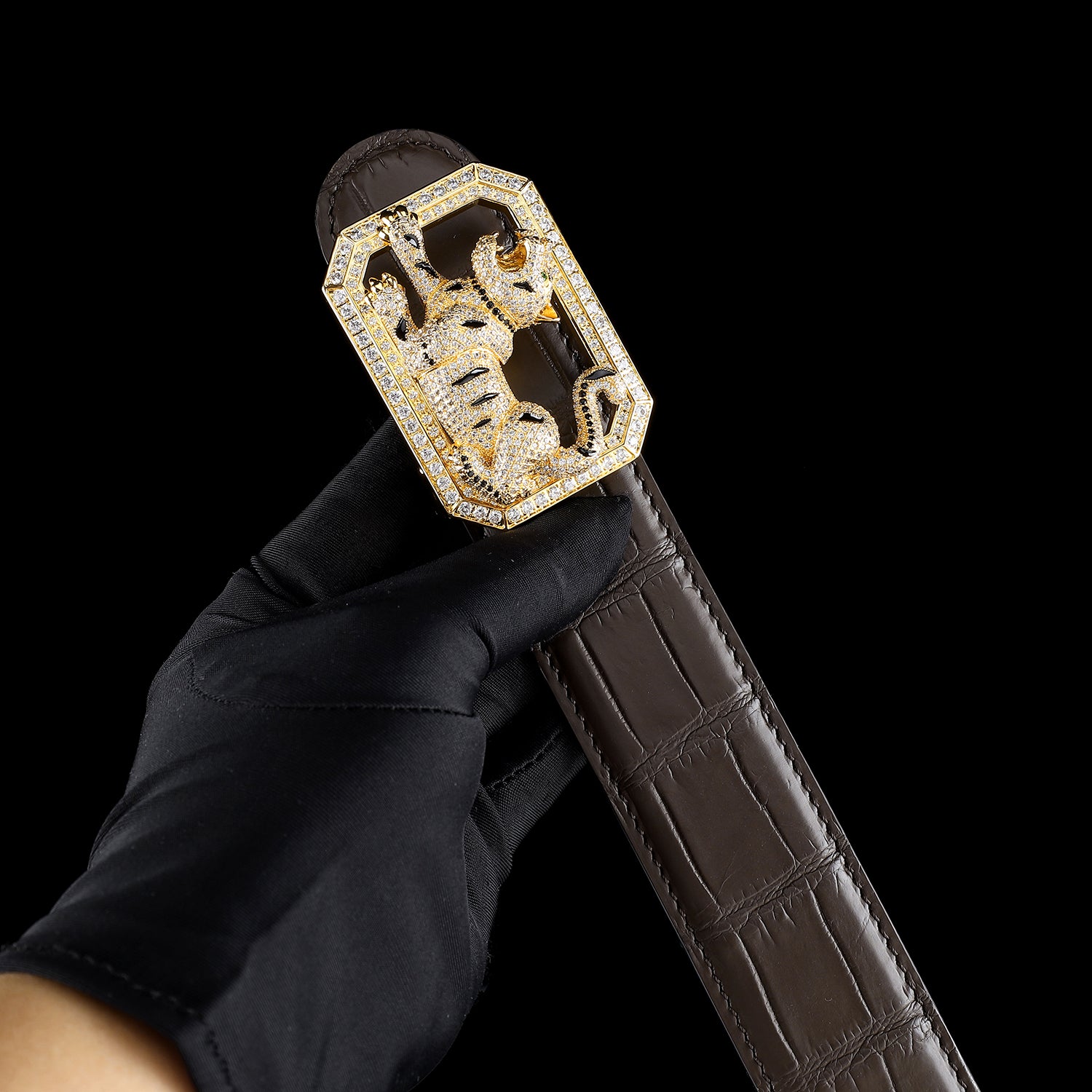 BELTLEY Classic Espresso Crocodile Belt with Tiger Buckle