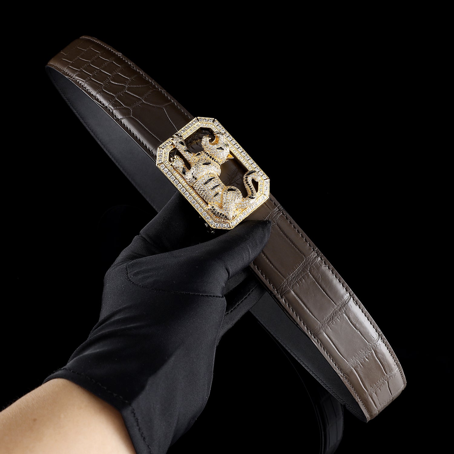 BELTLEY Classic Espresso Crocodile Belt with Tiger Buckle