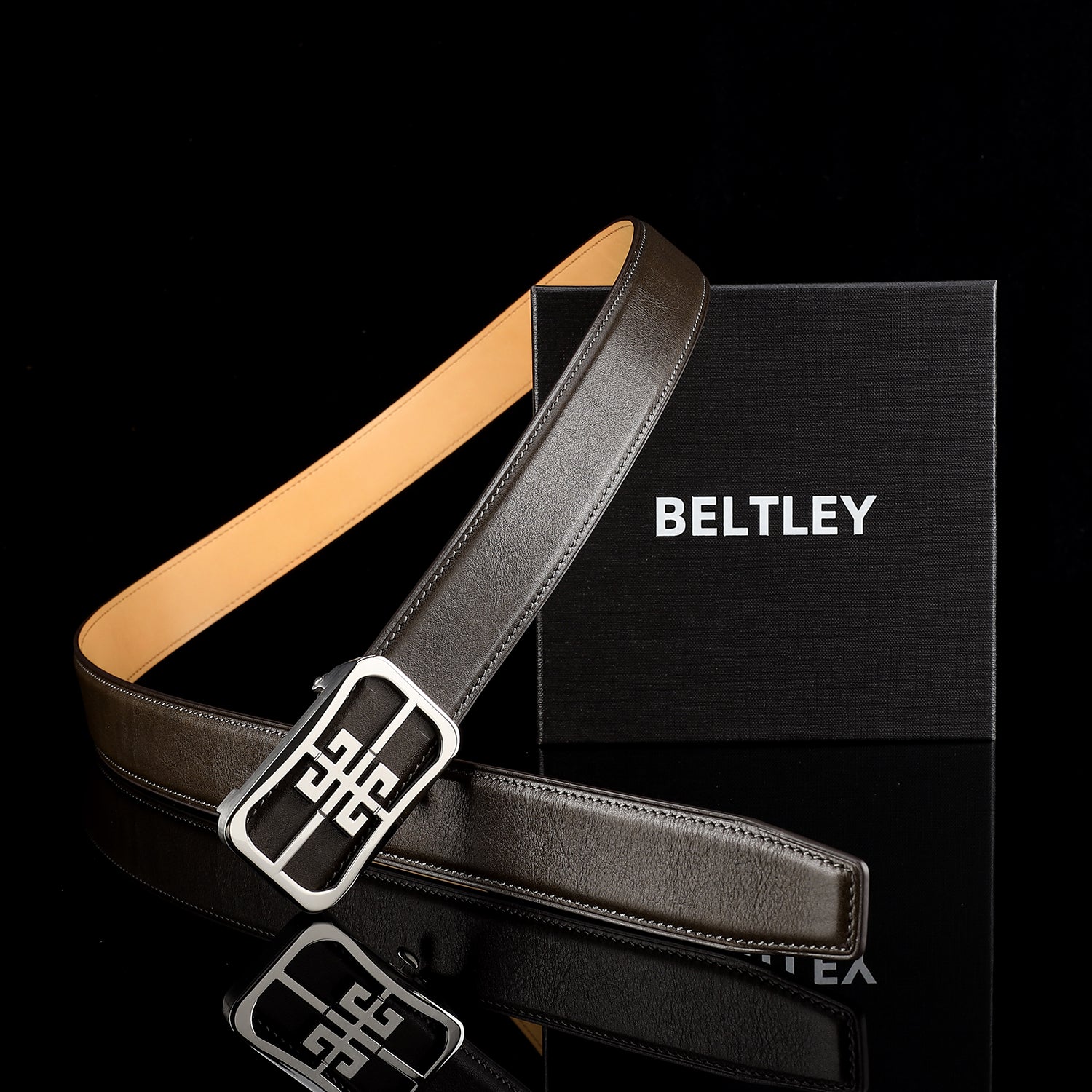 BELTLEY Unisex Calfskin Leather Belt with “Unique” Buckle