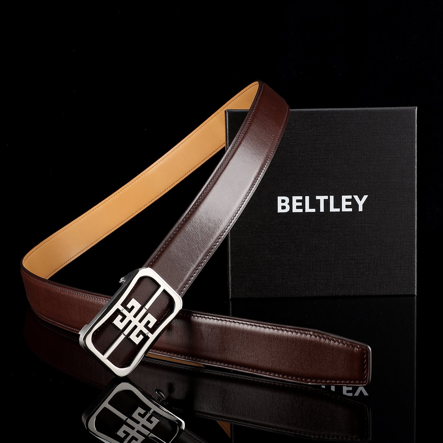 BELTLEY Unisex Calfskin Leather Belt with “Unique” Buckle