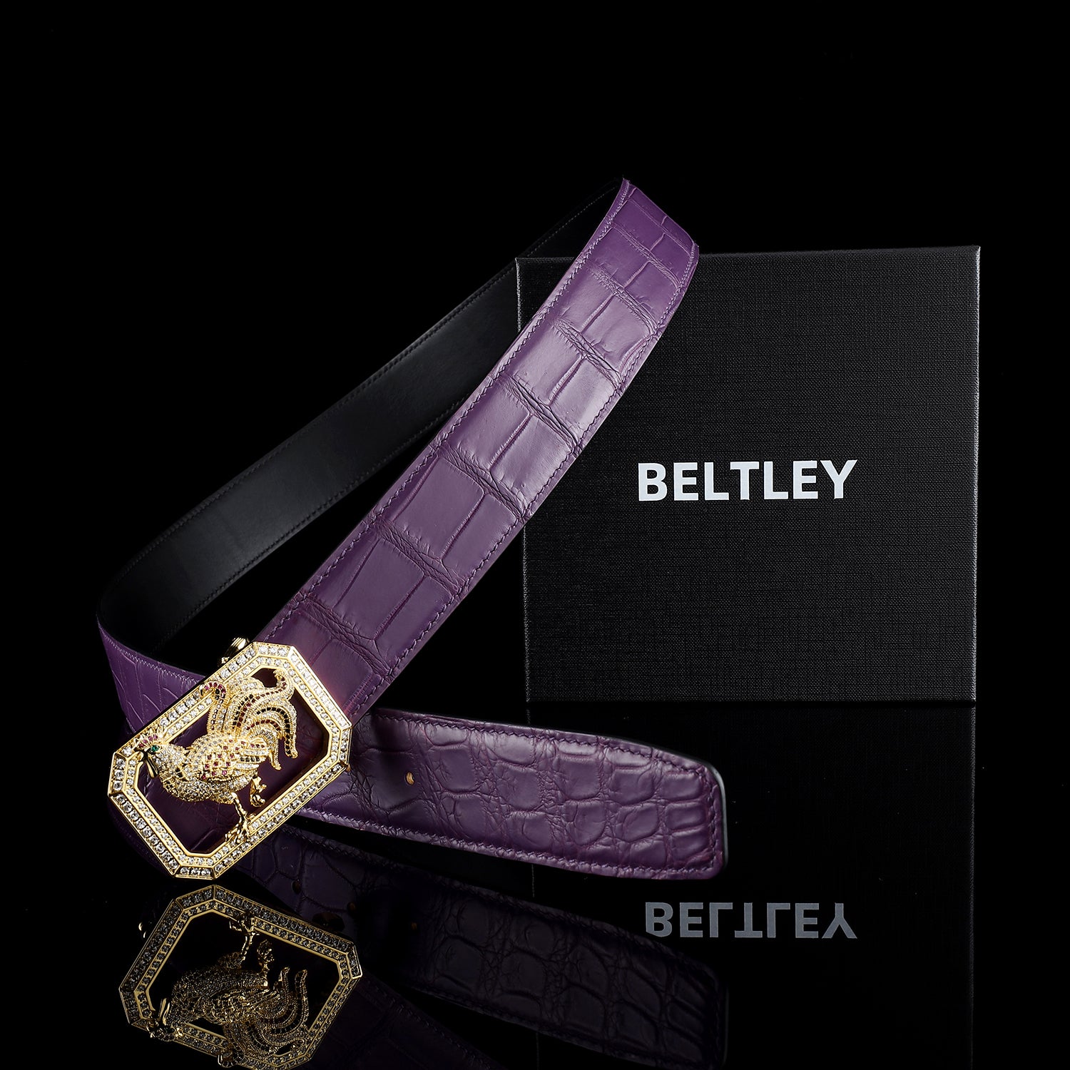 BELTLEY Collector Edition Purple Nile Crocodile Belt With Rooster Buckle