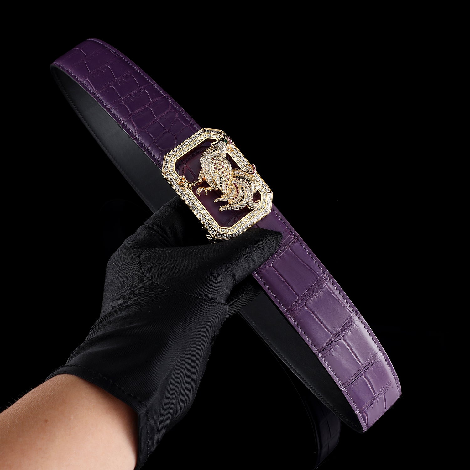 BELTLEY Collector Edition Purple Nile Crocodile Belt With Rooster Buckle