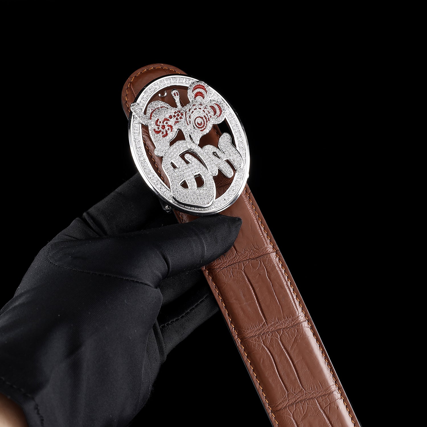 BELTLEY Crocodile Belt in Brown with Unique Fortune Rat Buckle