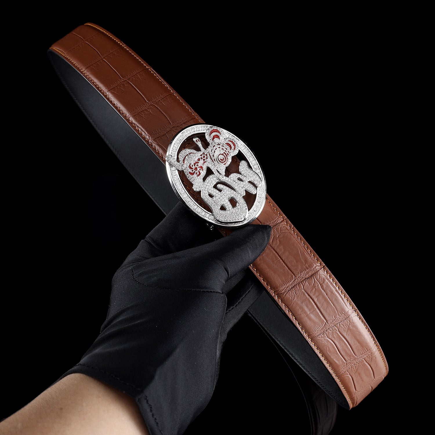 BELTLEY Crocodile Belt in Brown with Unique Fortune Rat Buckle