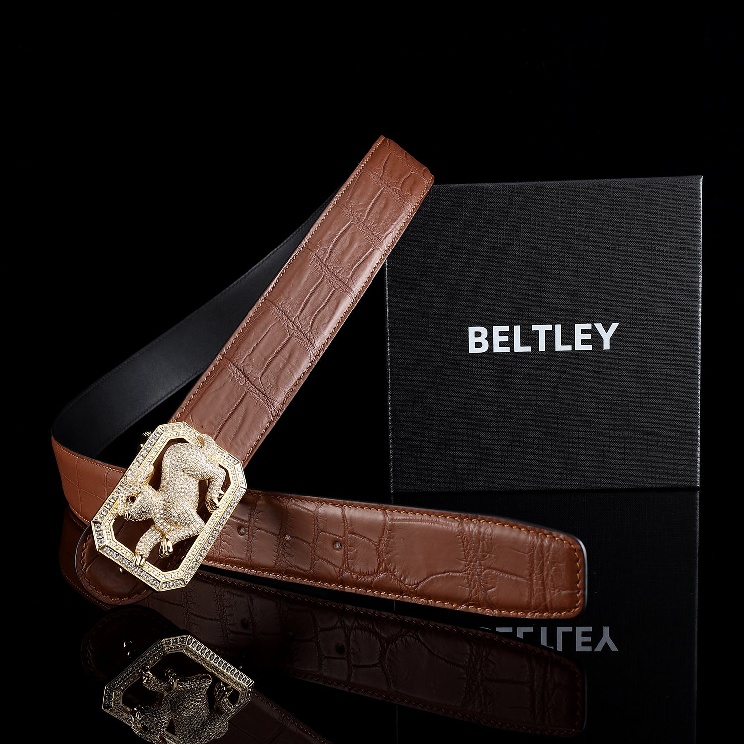 BELTLEY Crocodile Leather Belt in Chestnut Brown Finish