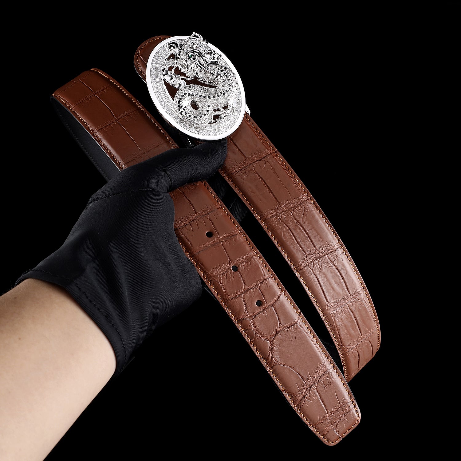 BELTLEY Crocodile Skin Men’s Belt In Chestnut Brown with 3D Long Buckle