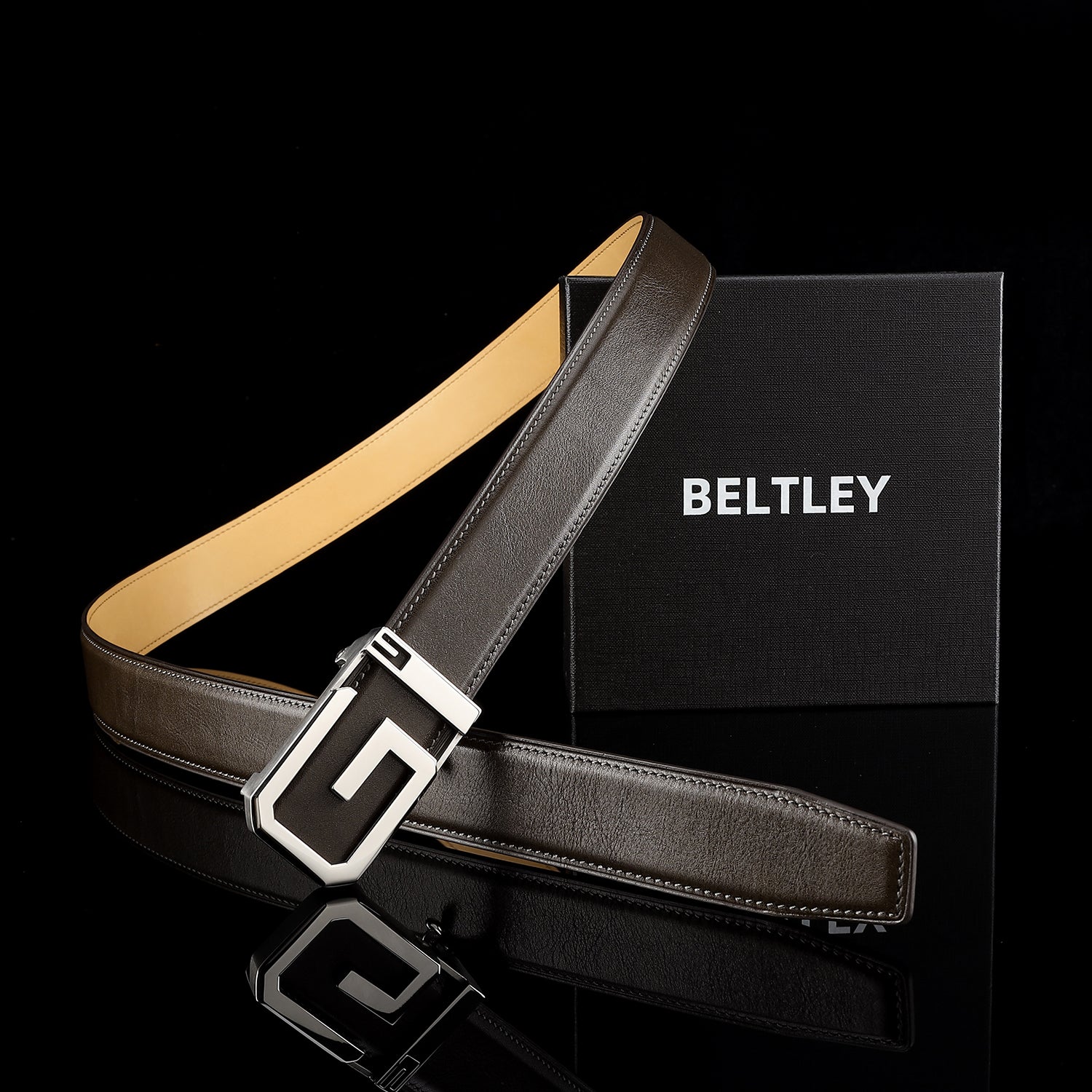 BELTLEY Brown Full-Grain Calfskin Leather Belt with Signature “G” Buckle