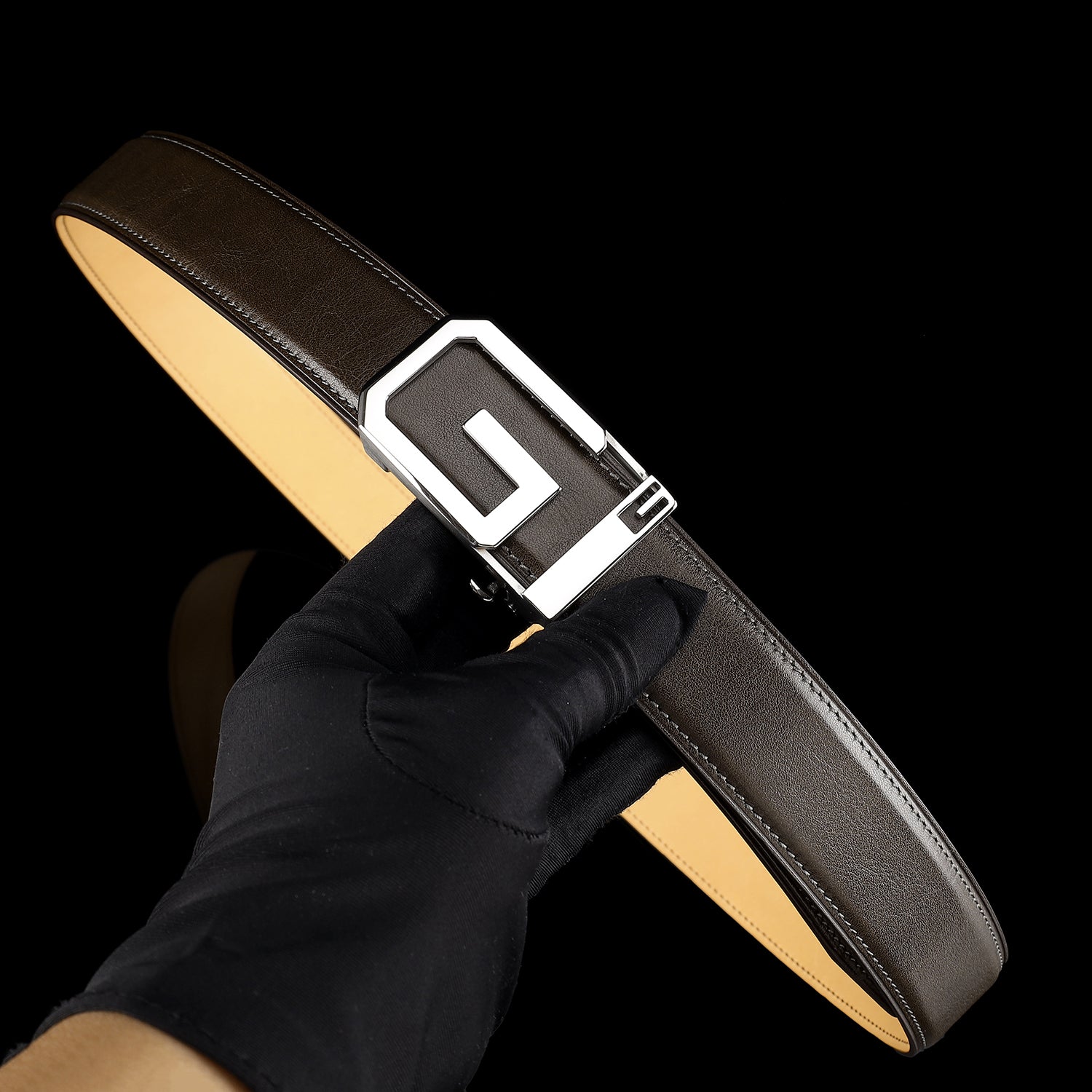 Brown Full-Grain Calfskin Leather Belt with Signature “G” Buckle — lifestyle shot | BELTLEY