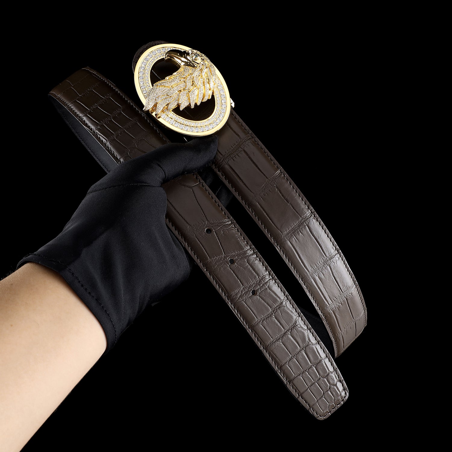 BELTLEY Dark Brown Crocodile Belt – Handmade With Gold Eagle Buckle