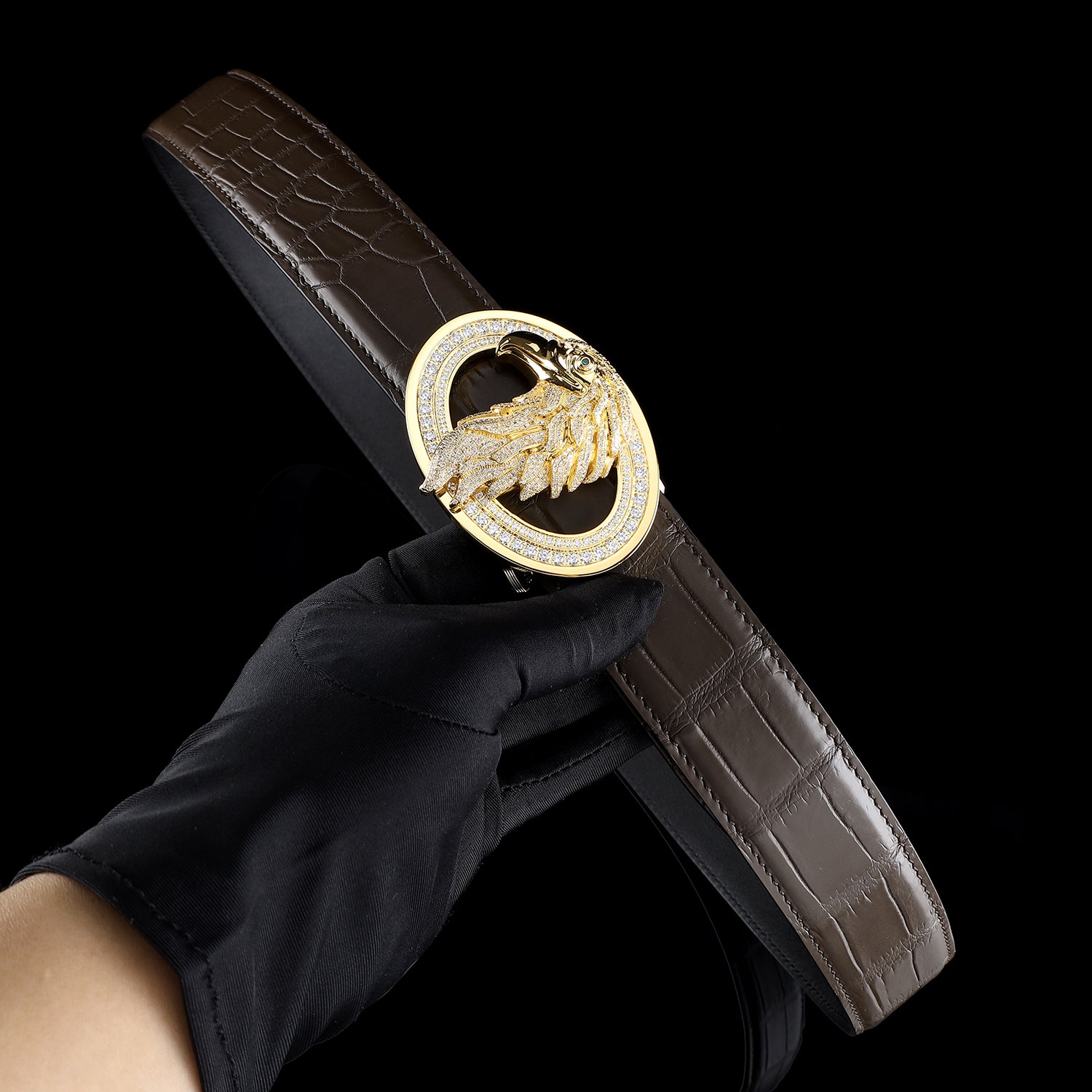 BELTLEY Dark Brown Crocodile Belt – Handmade With Gold Eagle Buckle