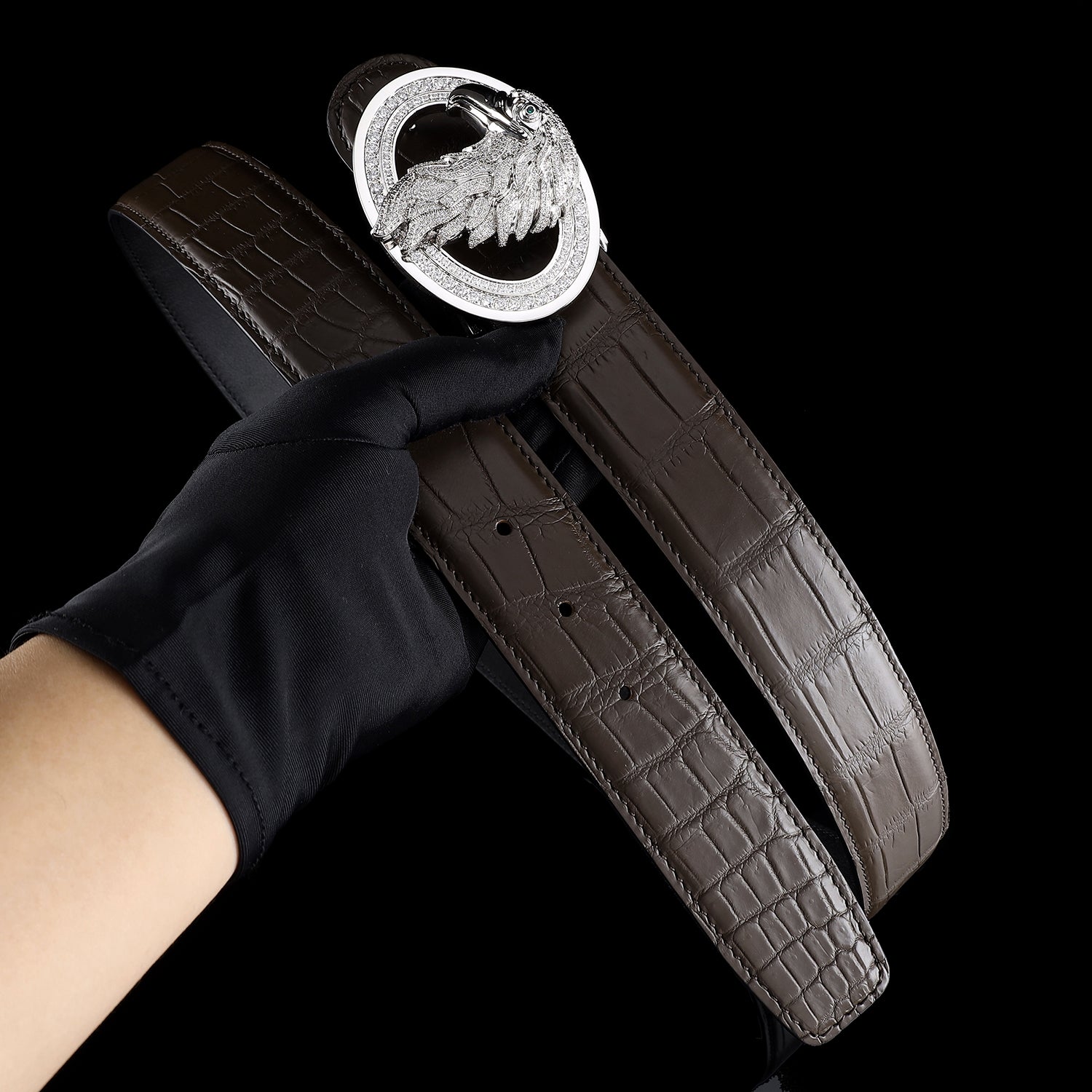 BELTLEY Dark Brown Crocodile Belt – Handmade With Silver Eagle Buckle