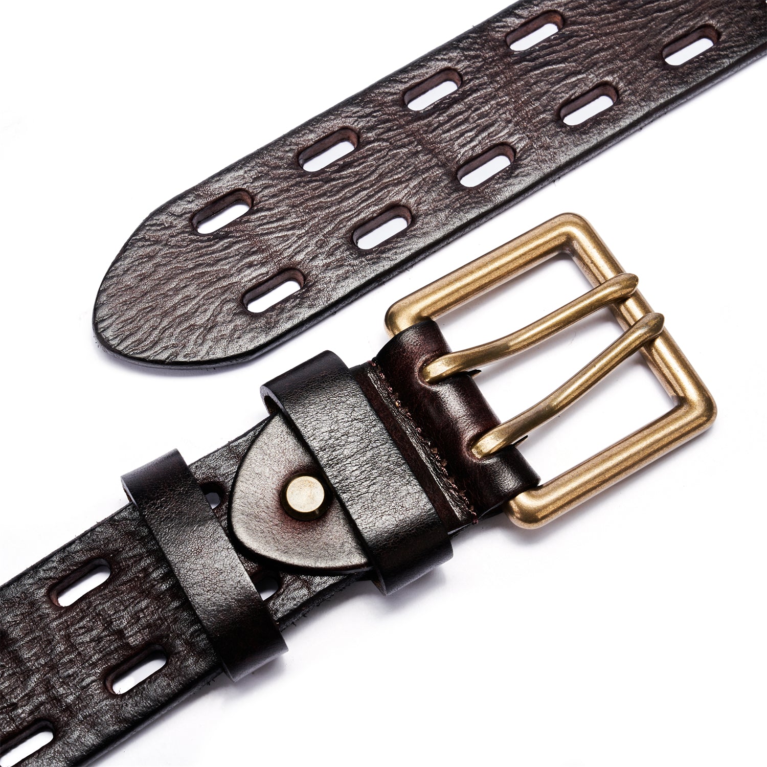 BELTLEY Dark Brown Double Prong Leather Belt for Men 1.5 Inches