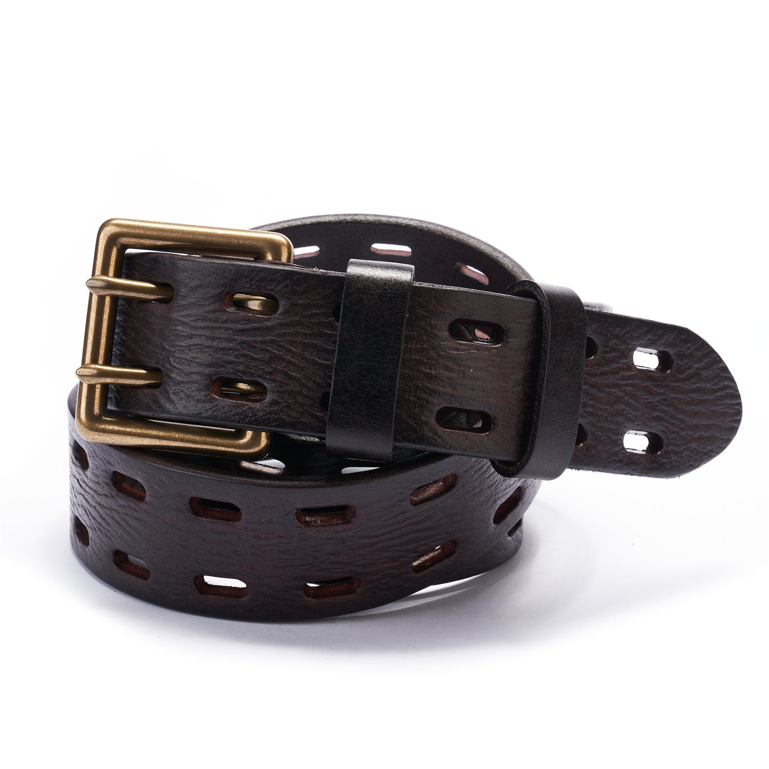 BELTLEY Dark Brown Double Prong Leather Belt for Men 1.5 Inches