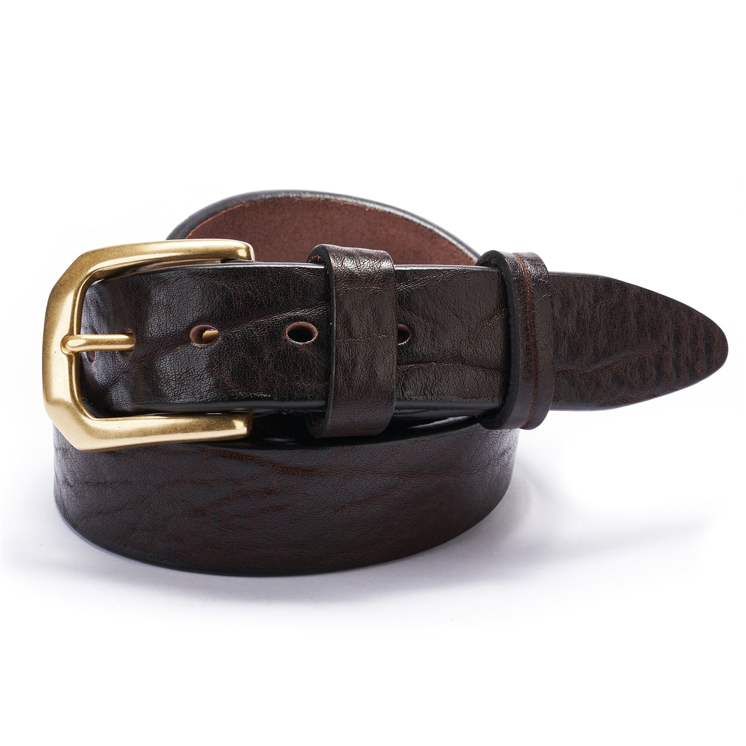 Dark Brown Heavy-Duty Full Grain Leather Rugged Belt with Suede Backing — buckle close-up | BELTLEY
