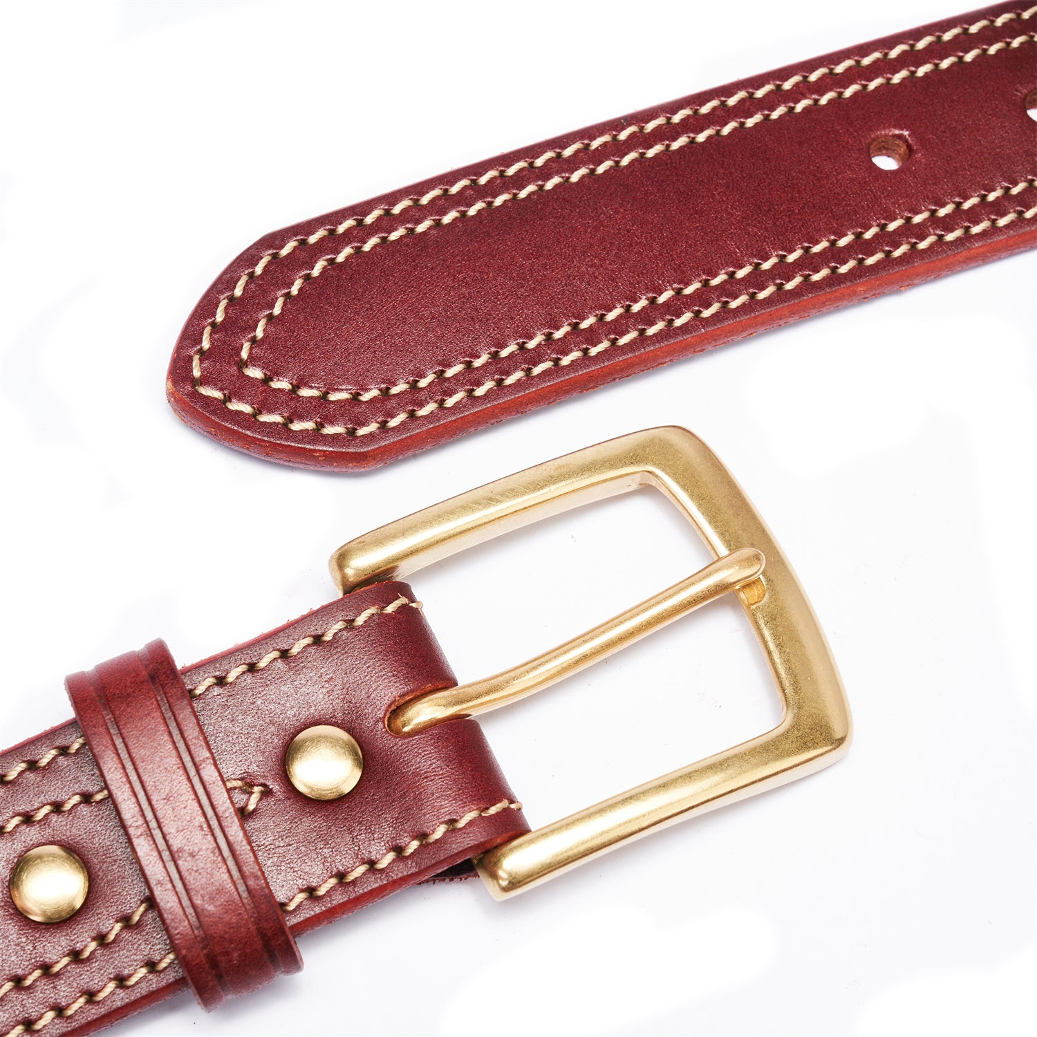 BELTLEY Deep Claret Stitch Belt – Solid Brass Buckle Edition Double Layer