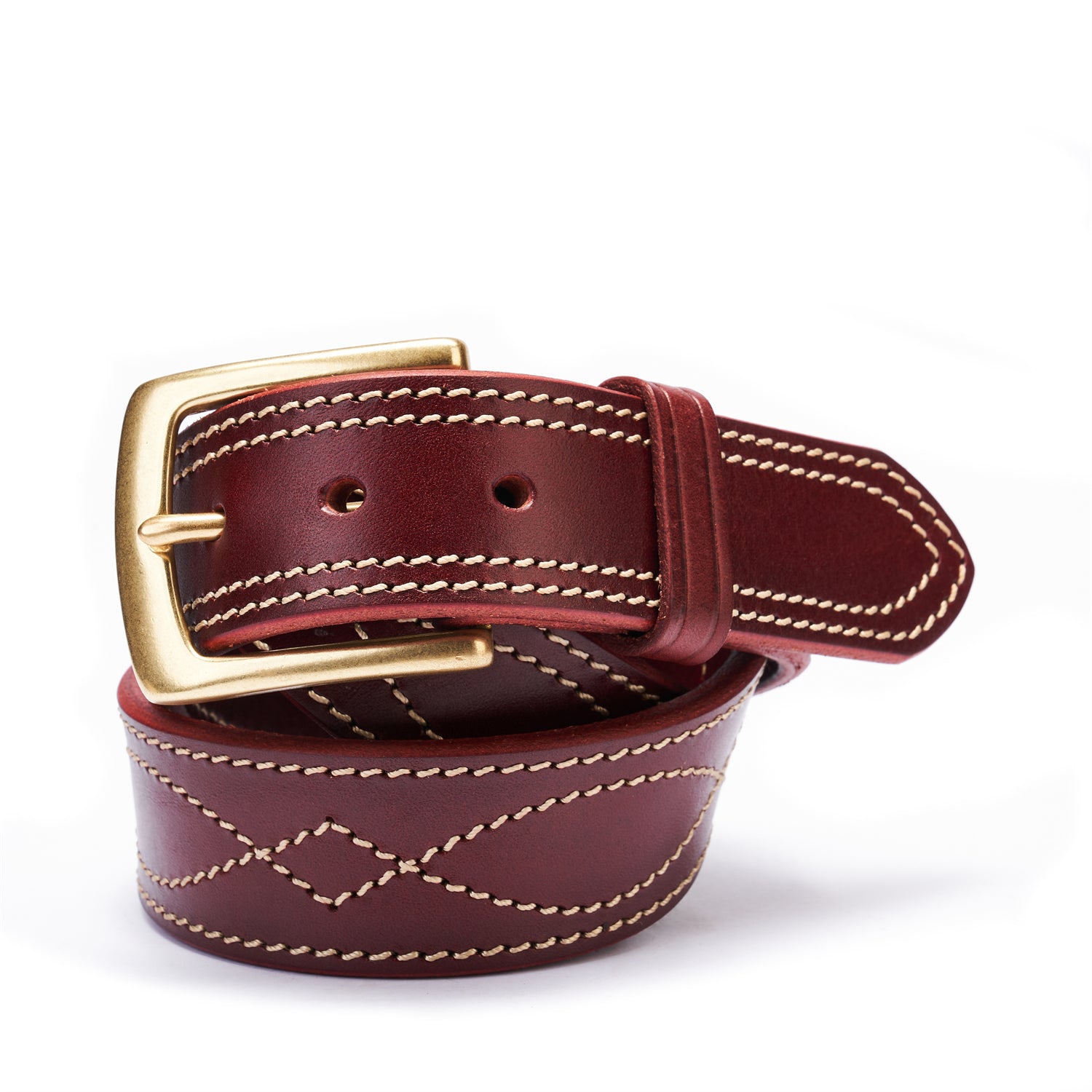 BELTLEY Deep Claret Stitch Belt – Solid Brass Buckle Edition Double Layer