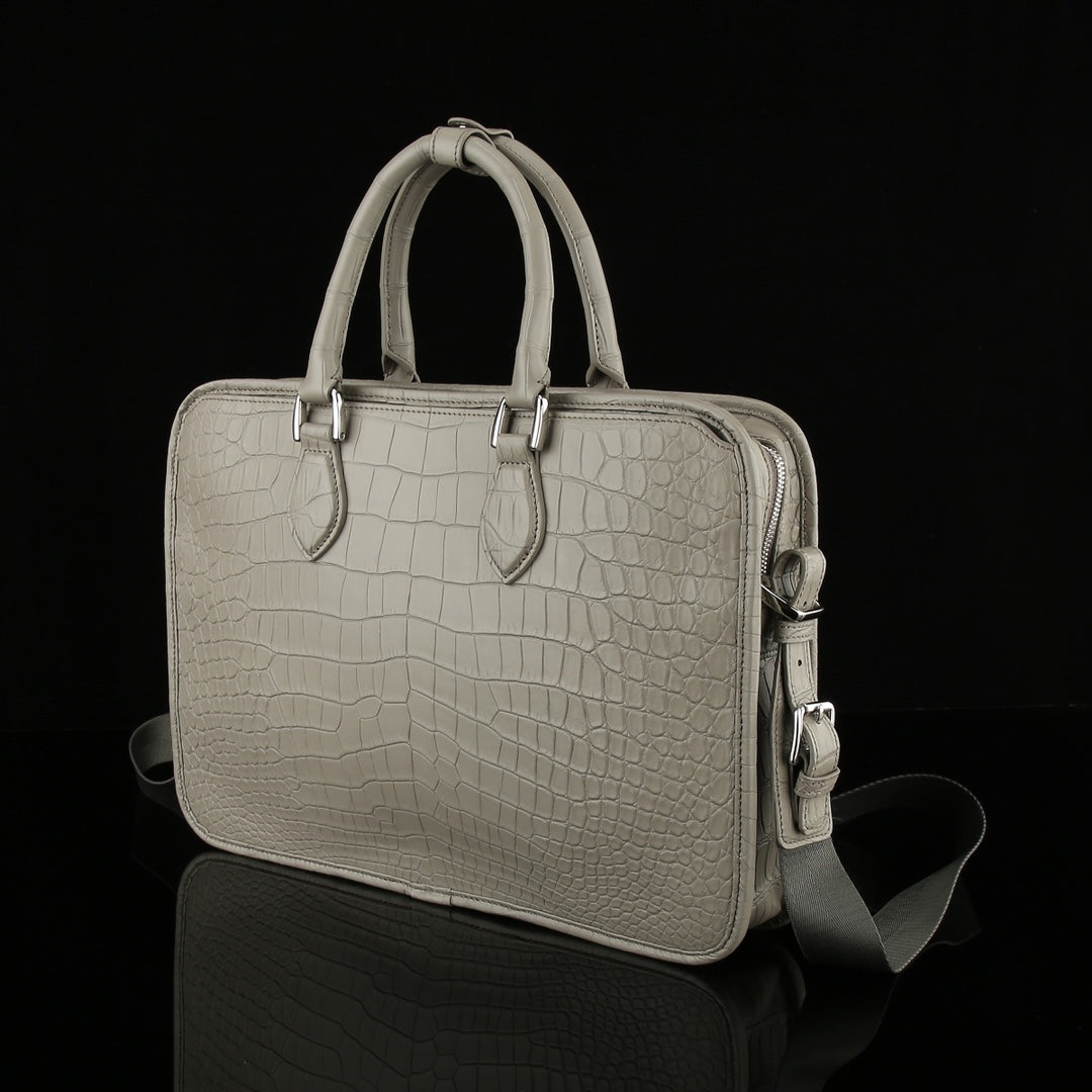 BELTLEY Elephant Grey Matte Crocodile Briefcase For Men