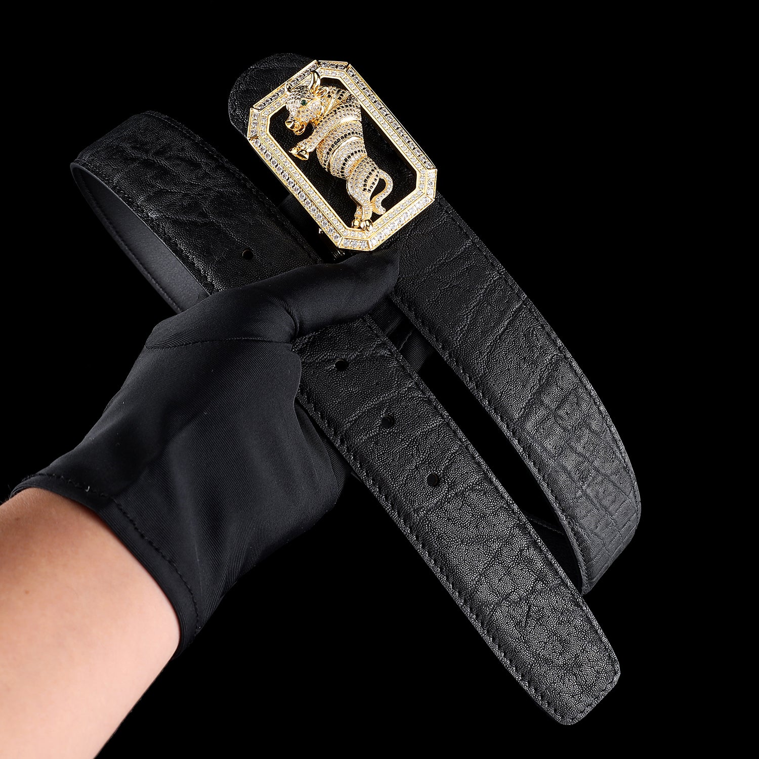 BELTLEY Elite Black Elephant Leather Belt With Unique Bull Buckle-1.5 "