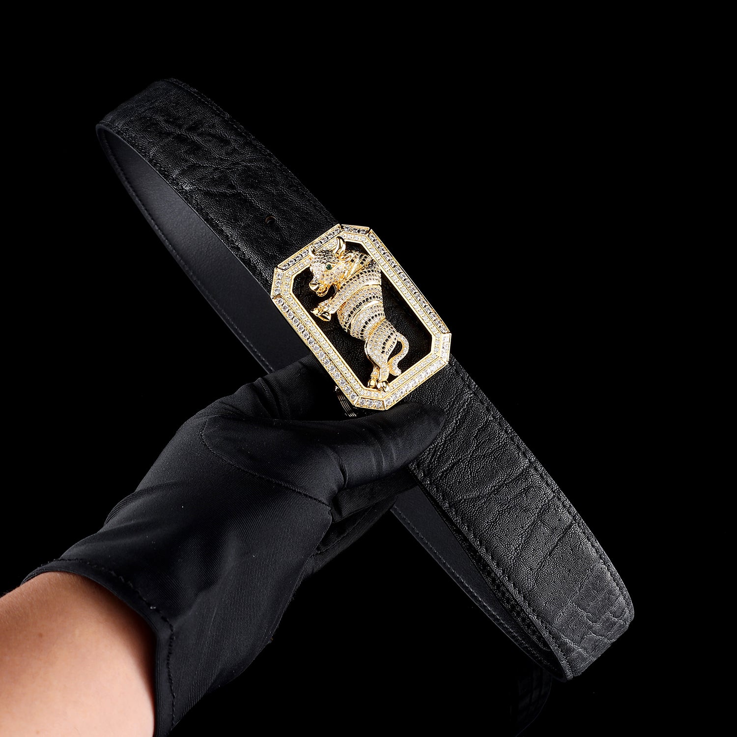 BELTLEY Elite Black Elephant Leather Belt With Unique Bull Buckle-1.5 "