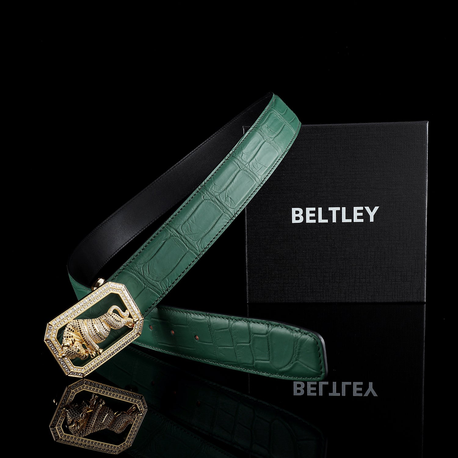 BELTLEY Emerald Green Crocodile Belt Mens with Bull Buckle