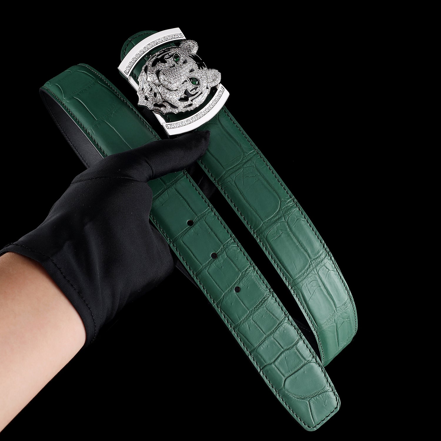 BELTLEY Emerald Green Crocodile Belt for Gentlemen With Tiger Buckle