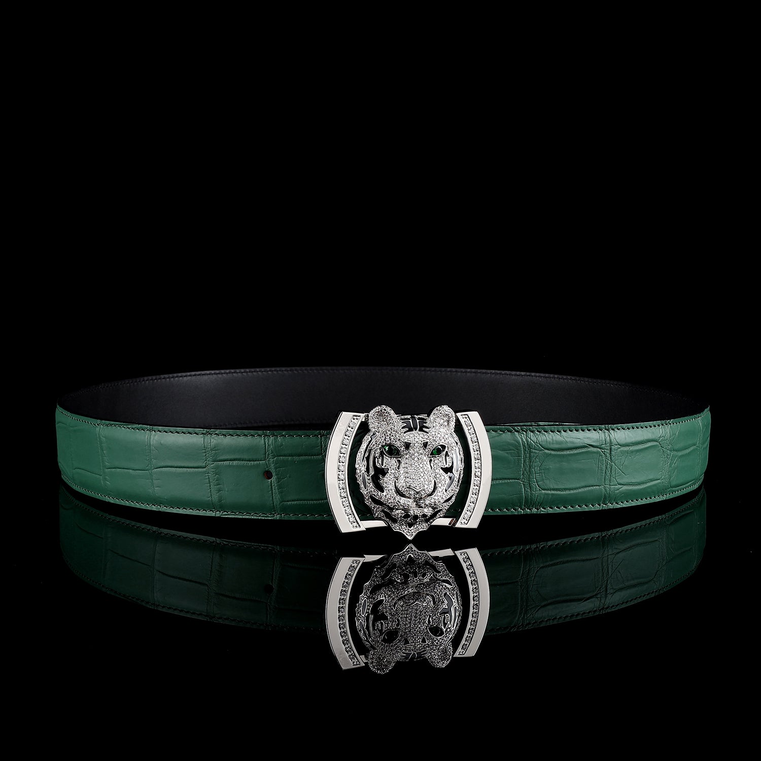 BELTLEY Emerald Green Crocodile Belt for Gentlemen With Tiger Buckle