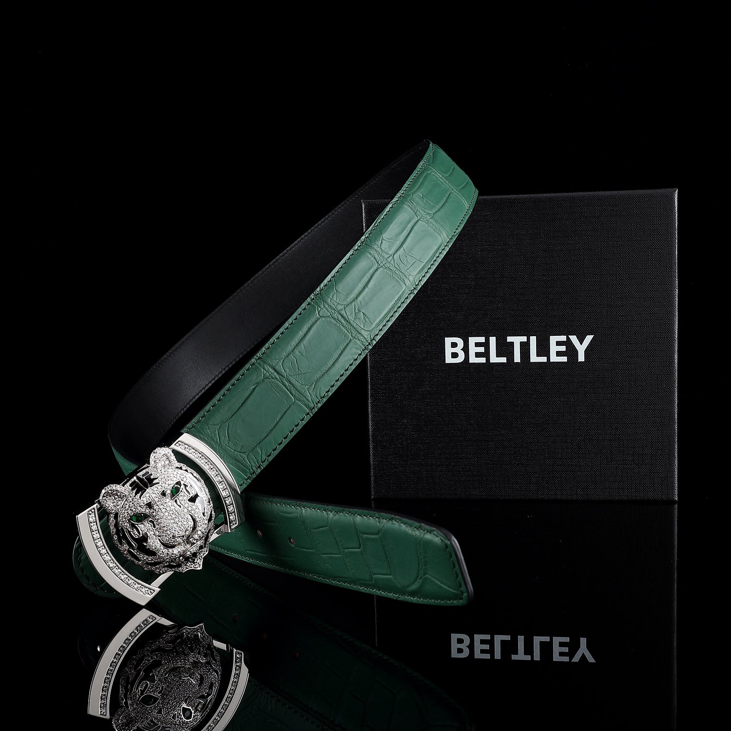 BELTLEY Emerald Green Crocodile Belt for Gentlemen With Tiger Buckle