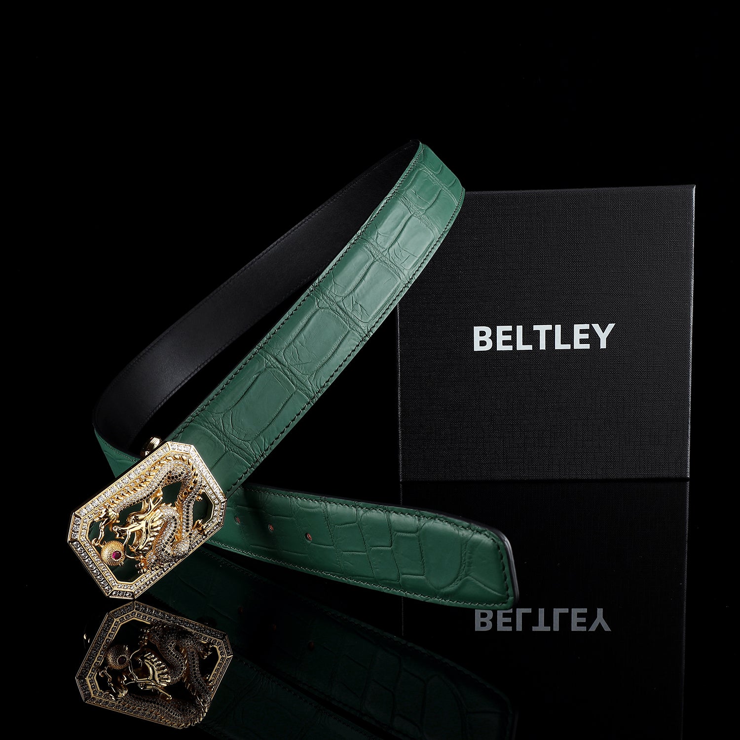 BELTLEY Emerald Green Crocodile Belt with Dragon Buckle