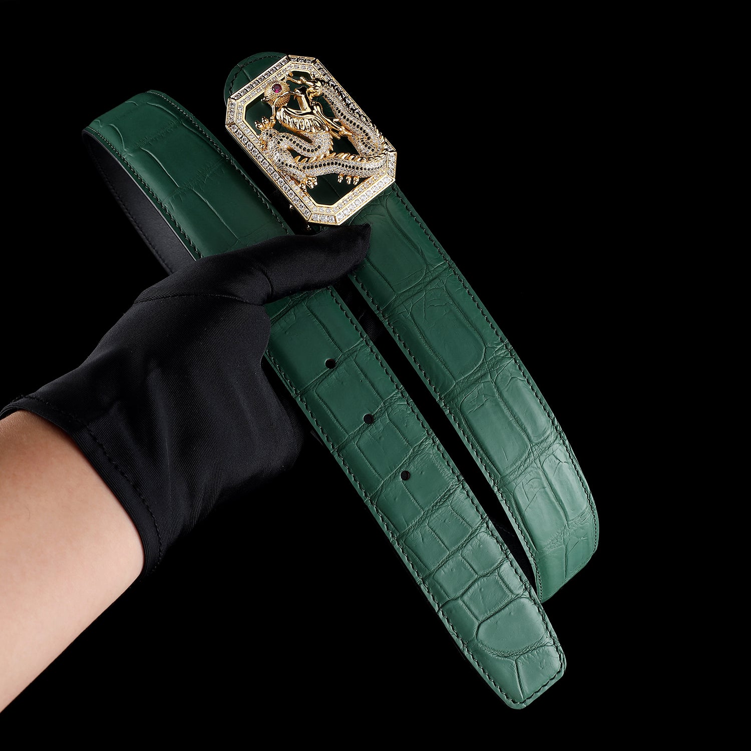 BELTLEY Emerald Green Crocodile Belt with Dragon Buckle