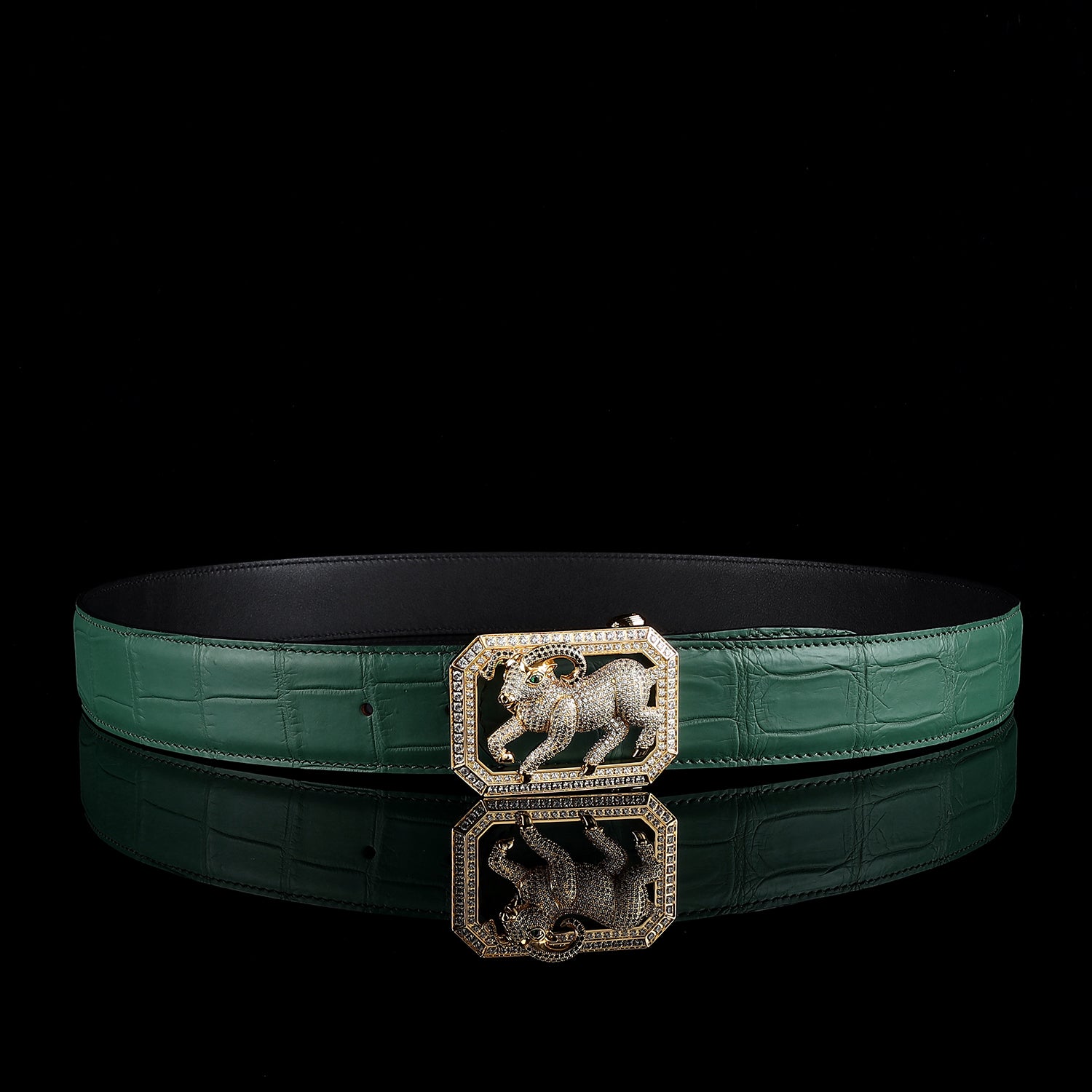 BELTLEY Emerald Green Crocodile Dress Belt With Goat Buckle
